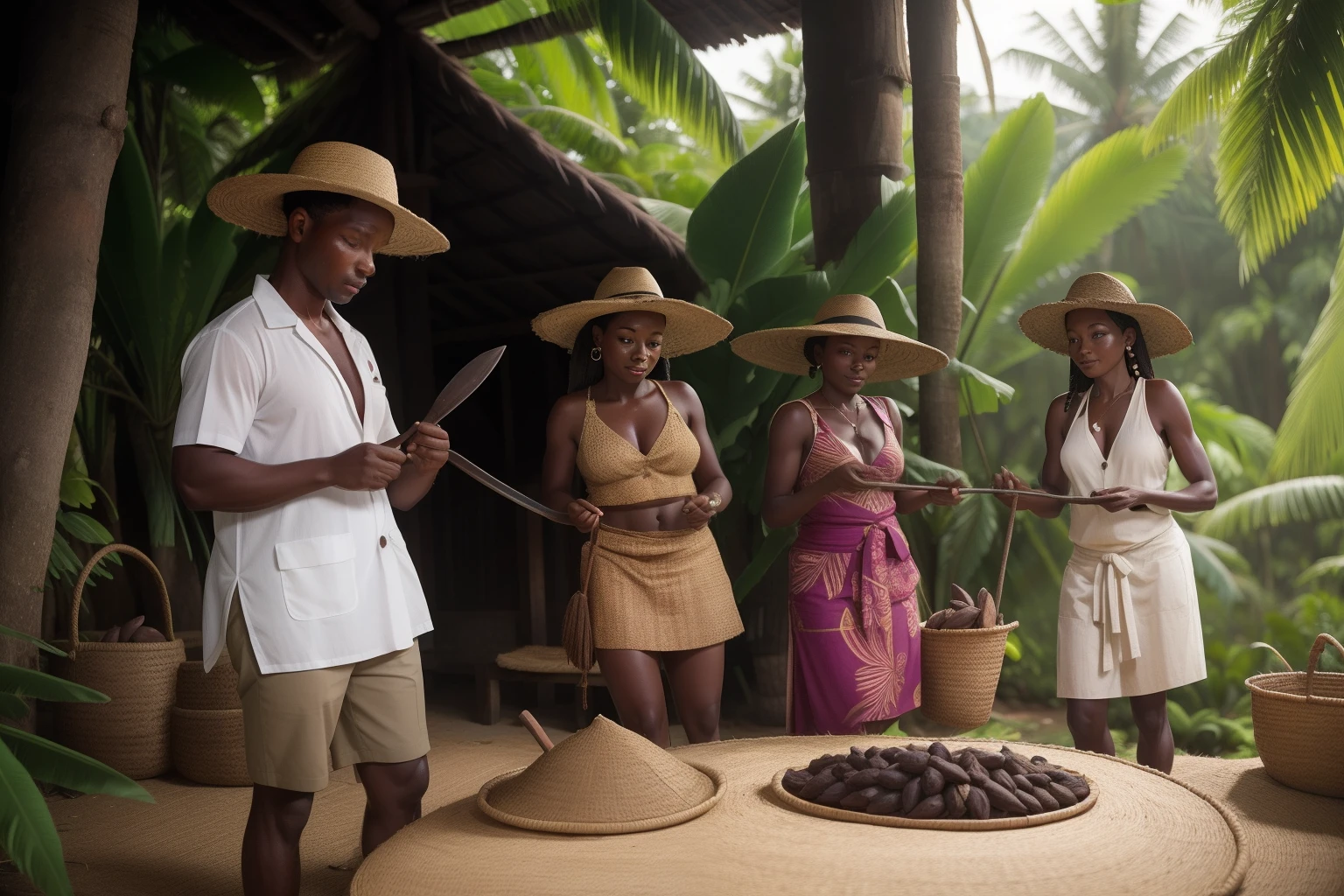 Year: 2023
Country: Sao Tome and Principe
Description: At a refined plantation estate on Príncipe, a group of friends participates in a traditional cacao harvesting experience. Dressed in chic safari attire, they use vintage machetes to carefully harvest cacao pods, immersed in the island's rich chocolate-making heritage.