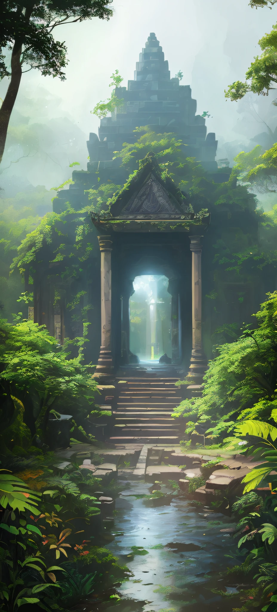 There is a small building in the middle of the forest, secret overgrown temple, andreas rocha style, ancient ruins in the forest, mysterious temple setting, lost temple, a mystical temple, Ancient temple, inspired by Andreas Rocha, inspired by Michael Komarck, the style of andreas rocha, environmentart, Temple ruins, portal to another world