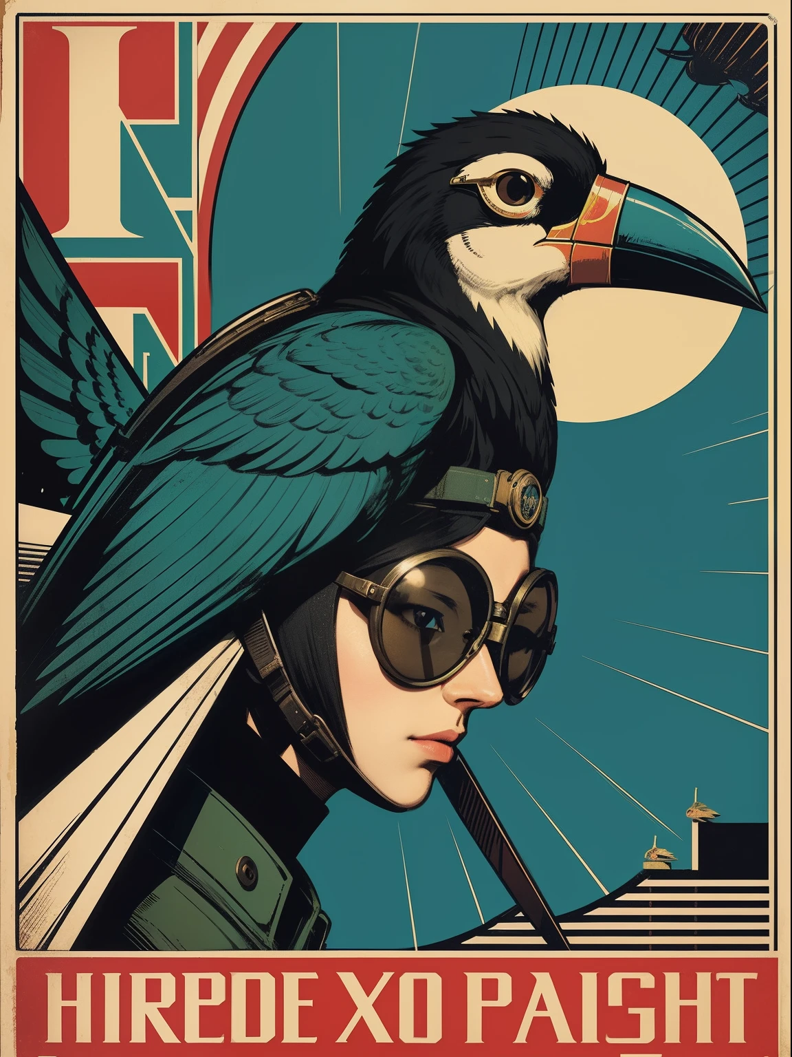 Bird-headed male pilot with bird-headed beak in round-framed goggles croaks highly detailed propaganda posters,Watch anime,pop-art,typographic,Vintage paper,trichotomy,trends in art station,hyper HD(neonlight)