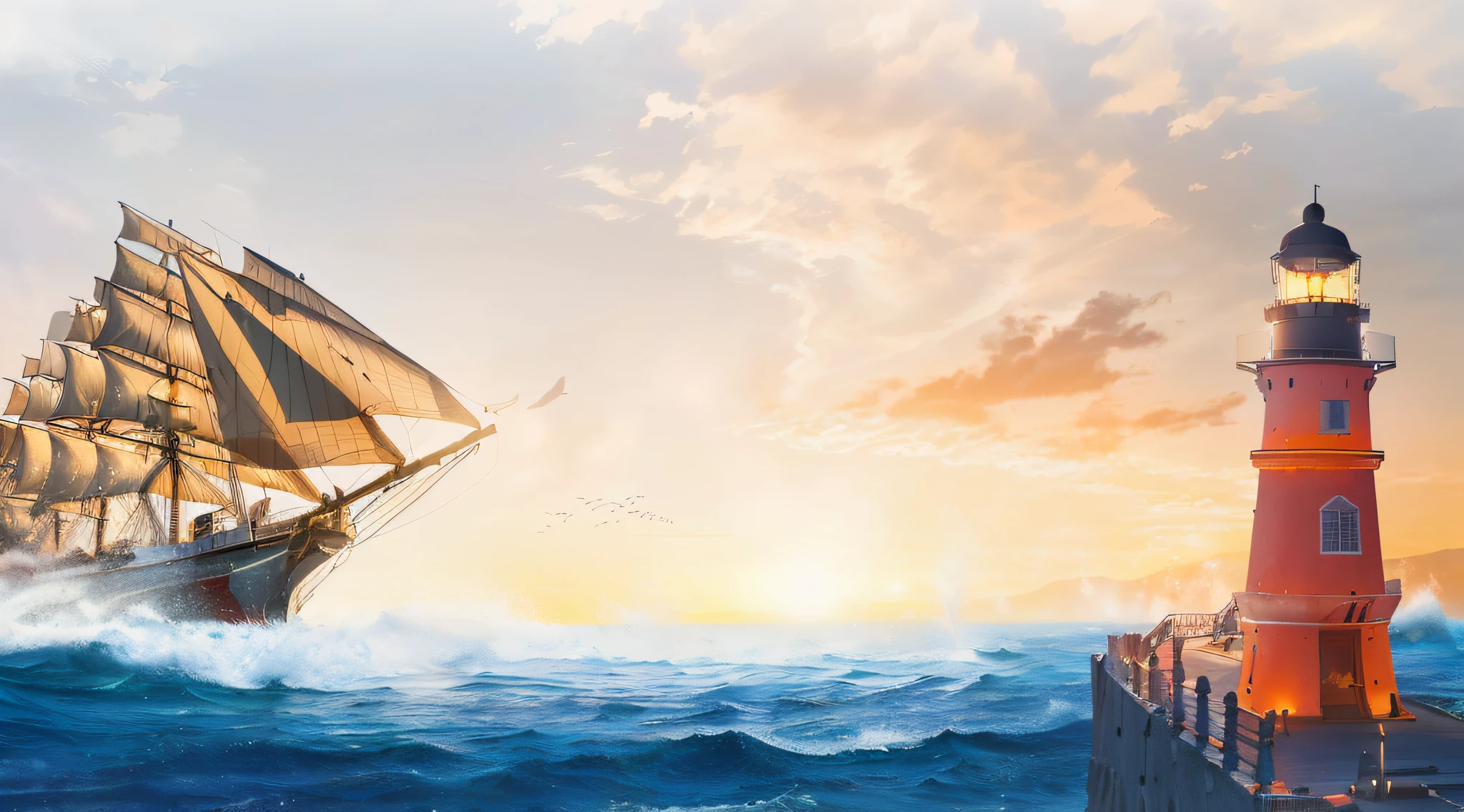 Near the lighthouse there is a large ship sailing in the sea, ship at sea, best on adobe stock, Sail, inspired by Ivan Aivazovsky, Dramatic nautical scenes, ships with sails underneath, Sail ships, on a pirate ship background, sail boat on the background, In the rough sea,The waves are huge, Sail ships, naval background