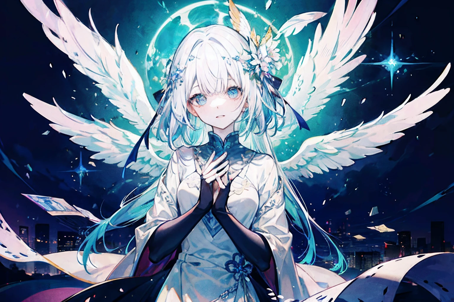 The angel is depicted with a pale and glowing complexion.、Its eyes have heterochromic eyes.、Its skin seems to glow with an otherworldly glow。He、Symbolizes Divine Nature、Decorated with a pair of shining graceful wings。This scene is fantastic and captivating.、It captures the beauty and mystery of these celestial bodies。Godlike angel、pale、with light glowing、complexion、SHINES、Out of this world、brilliance、SHINES、graceful、wingspan、sacredness、graceful、魅惑的、a beauty、mistic。