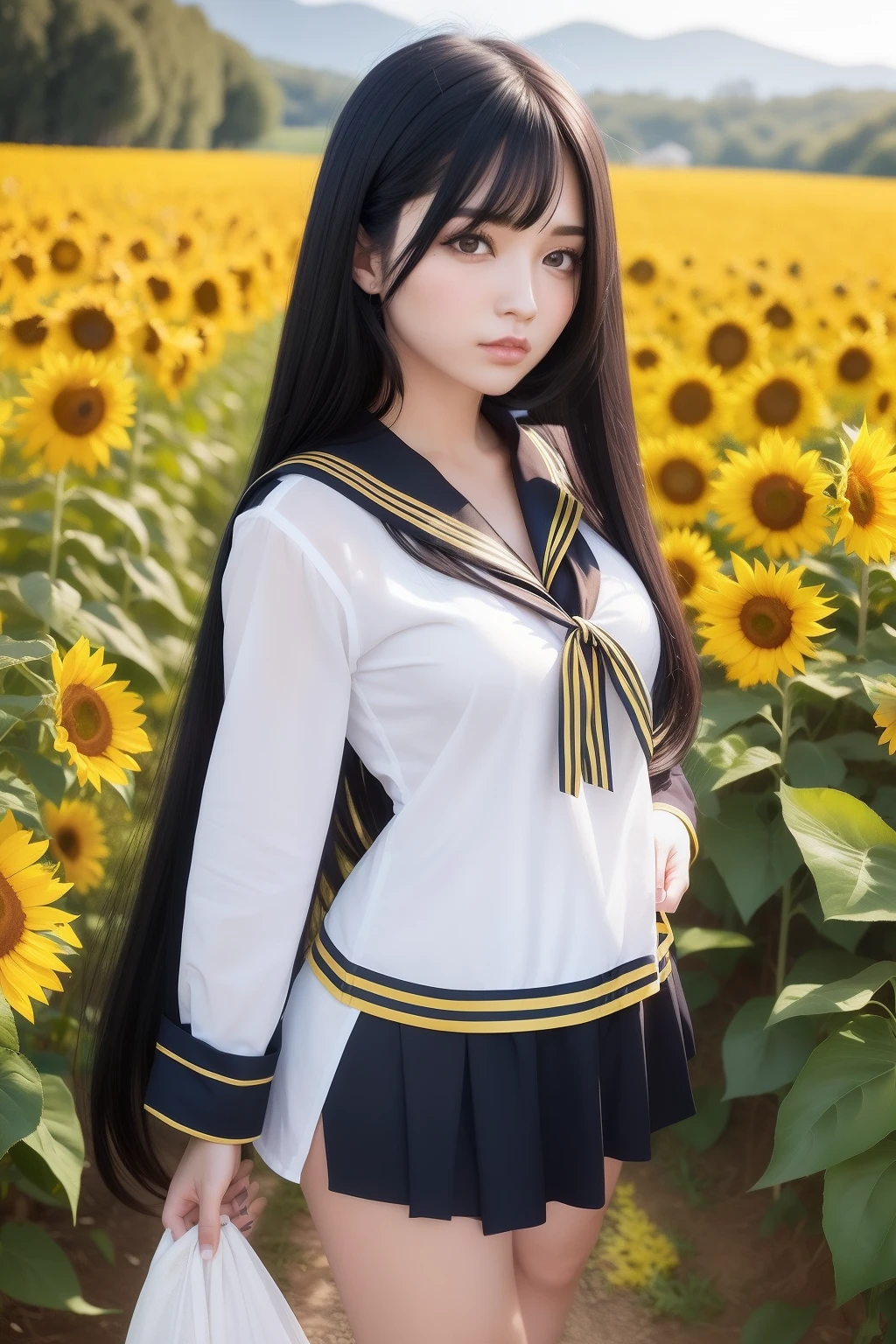 Long Black Hair a sailor suit Sun flower Yellow eyes Beautuful Women countryside