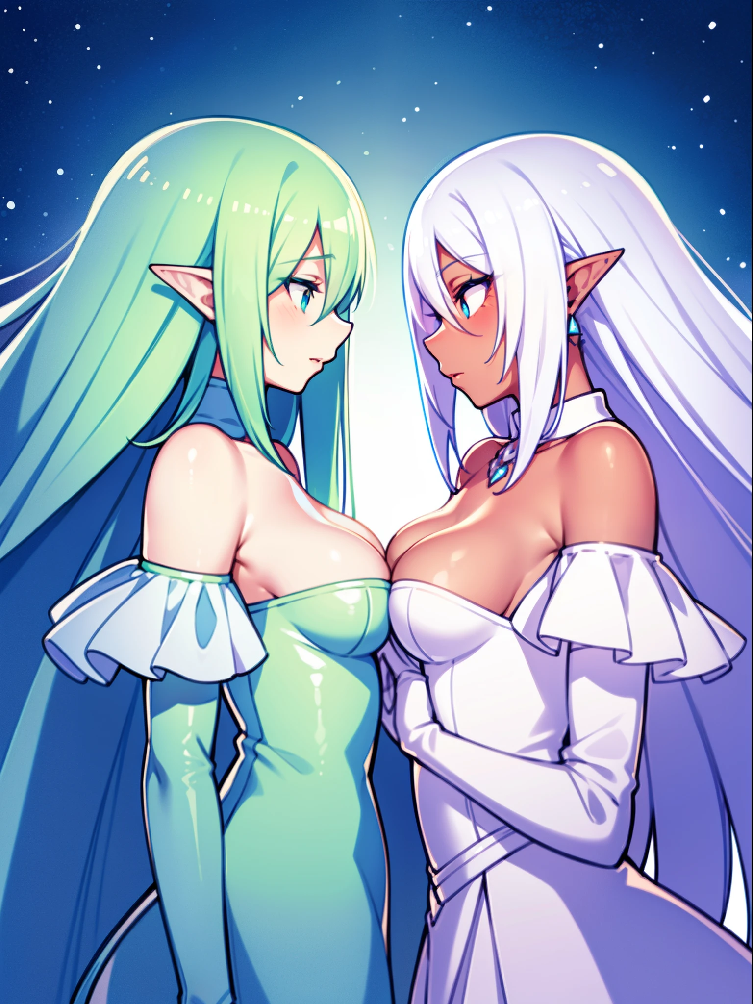 2 young girls, One has long green hair..........., sky blue eyes.. , The other has long white hair and dark skin..........., hiquality, couple , Girls love girls............, yuri,,handsome girl, Lesbian, lover, knight , luxury, Elf and drow,
