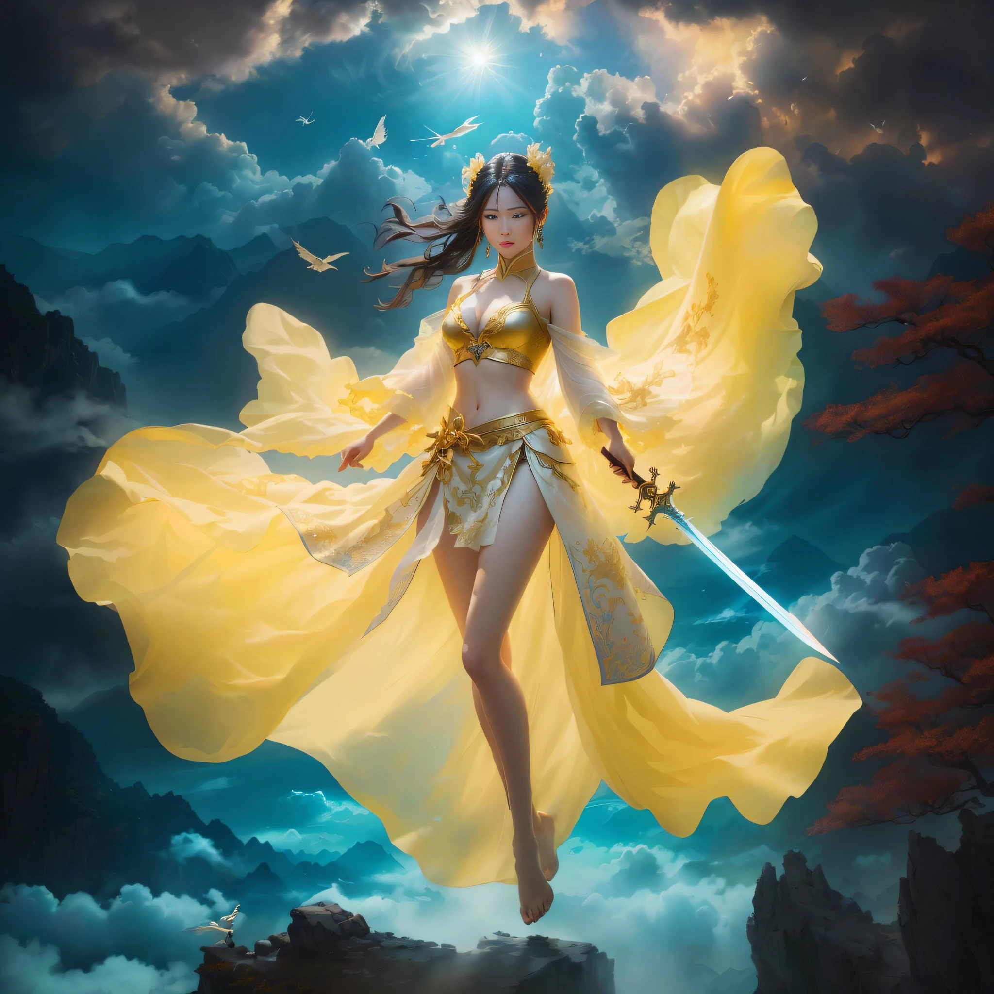 An Araved woman in a yellow dress holds a sword,Fly in the air, dramatic lighting fantasy, beautiful fantasy maiden, Fantasy Woman, fantasy character photo, Chinese fantasy, Ethereal fantasy, fantasy beautiful, beautiful fantasy art, cloud goddess, she is holding a sword, Oriental fantasy, she is approaching heaven, Fantasy photography, Anime goddess, warrior princess, By Leng Mei