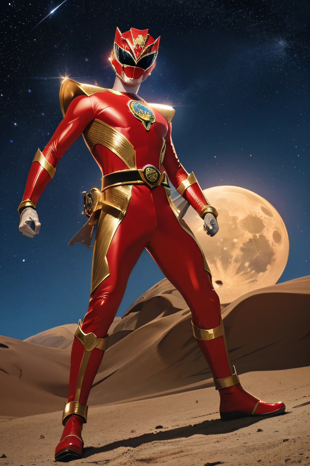 masutepiece, Super Detail, Best Quality, hight resolution, ((Anatomically correct)), power ranger, One guy, (Very shiny helmet and suit), fighting poses, ((Desert with full moon and starry sky on background))