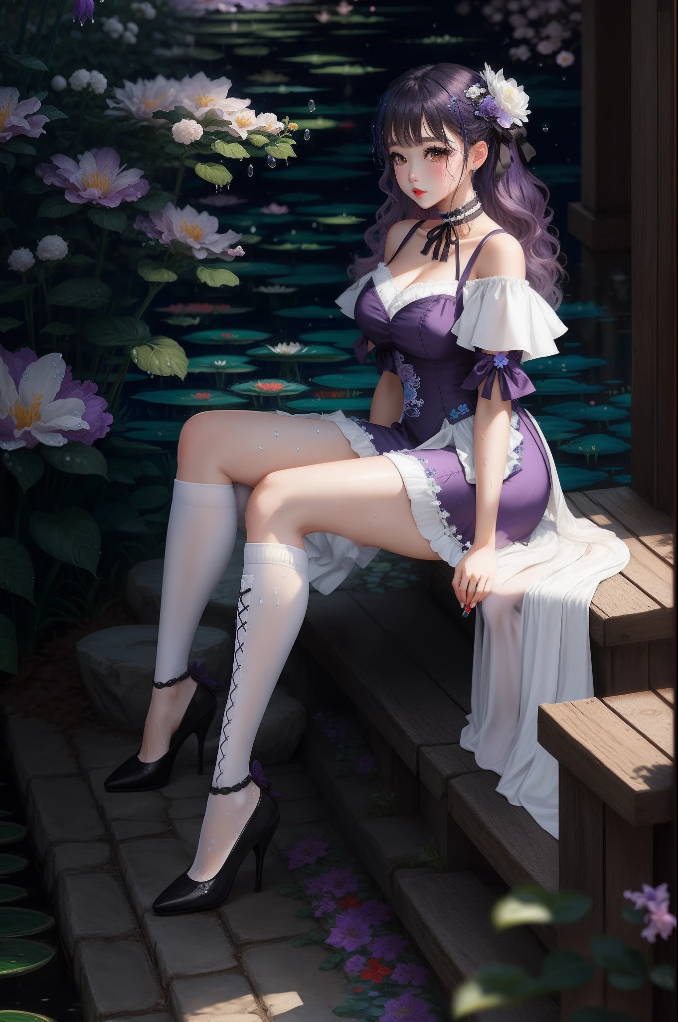 black over-the-knee socks,lacing,Works of masters,Higher quality,high detal,full body shot shot,goddes,A princess,lipsticks,Moles under eyes,long whitr hair,Fluffy hair,Purple hair big breasts,Bow hair ornament,Head flower,hair pin,choker necklace,robe,Get wet,Bare one shoulder,white Heels,Best image quality,moon full,Monet style,Mucha style,China-style,Full body like