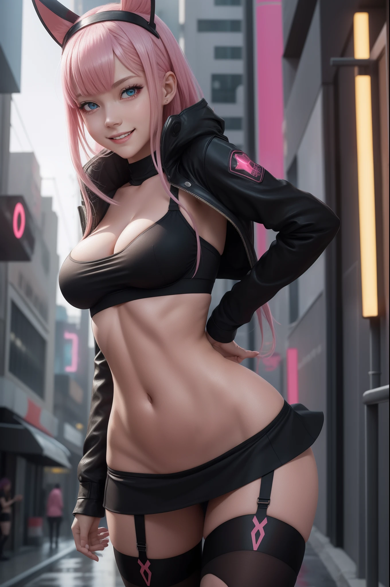 Zero Two Darling in the Franxx, 1 Girl, view from behind, Underboob, Bare Breasts, Big Tits, Black X Sticker on Boob, Smiling At Camera, Bunny Pose, Sexy Pose, Bottom View, Behind View, Micro Mini Skirt, she lifts up her micro mini skirt with her hands, blue eyes, Stockings with garter belt, perfect body, We see her slim tight ass, wet, pink hair, she is on a Day Light City cyberpunk street, 8k, real skin, realystic, HDR , ultra resolution, light leaks, 1girl, beltbra, big breasts, skin denting, skin deep, taut clothing, masterpiece, best quality, highly detailed