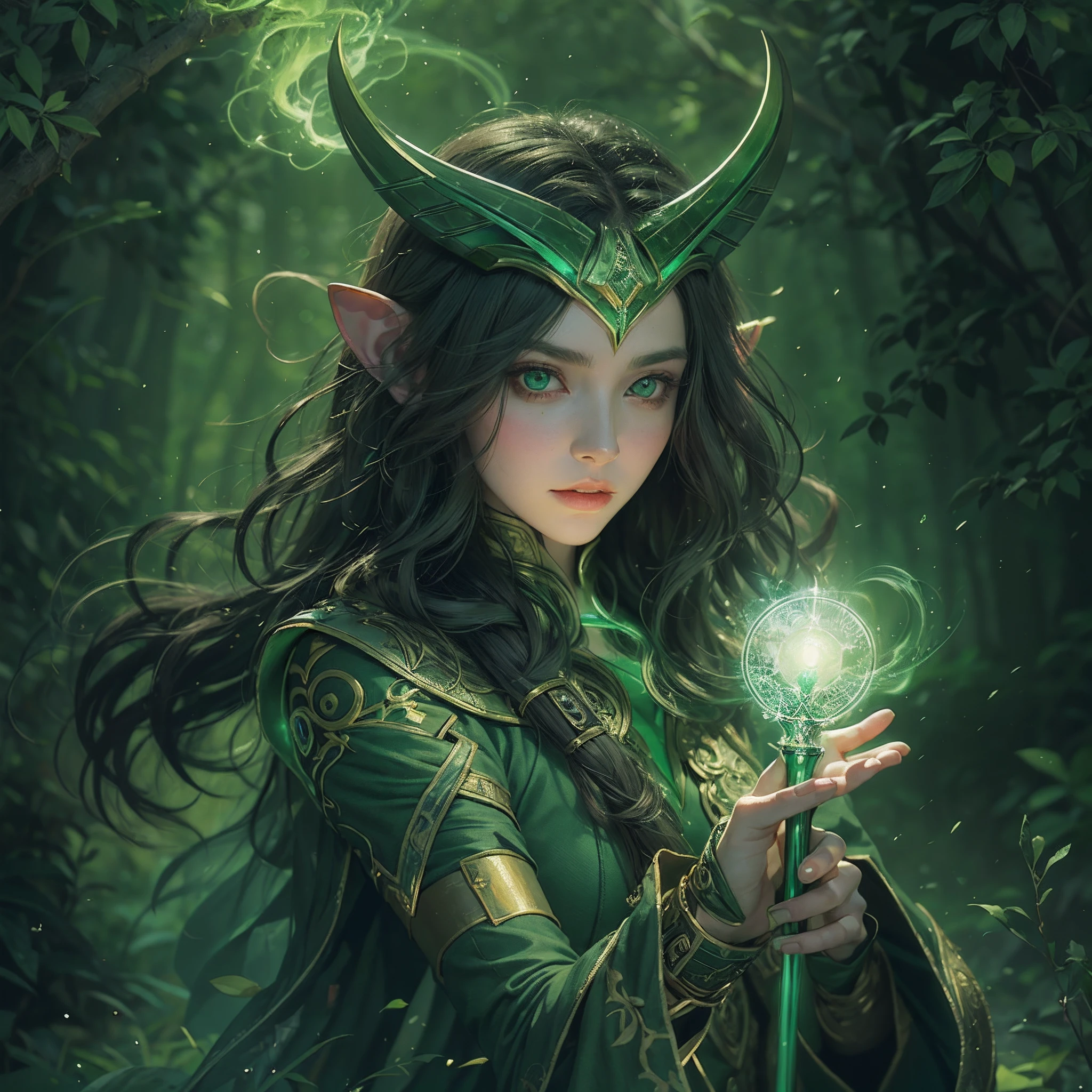 woman, age 25, anime cell shading, inspired from loki, loki costume, green magic,  green aura, green glowing eyes, holding a magical sceptre, lies, deceptive background, intense, intricate details, masterpiece, highly detailed