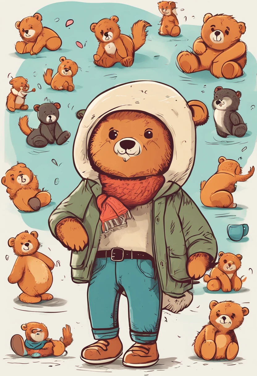 Adventurous teddy bear, Various poses and expressions on white background, Simple, Children's book illustration style fluffy, for 6 years old, colours, Short brown fur, Solid color, without book, Without glasses, without backpack