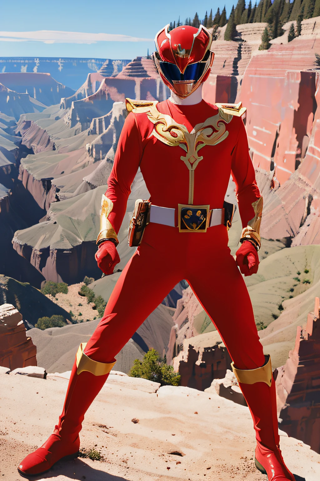 masutepiece, Super Detail, Best Quality, hight resolution, ((Anatomically correct)), power ranger, One guy, (Very shiny helmet and suit), fighting poses, ((Grand Canyon in the background))