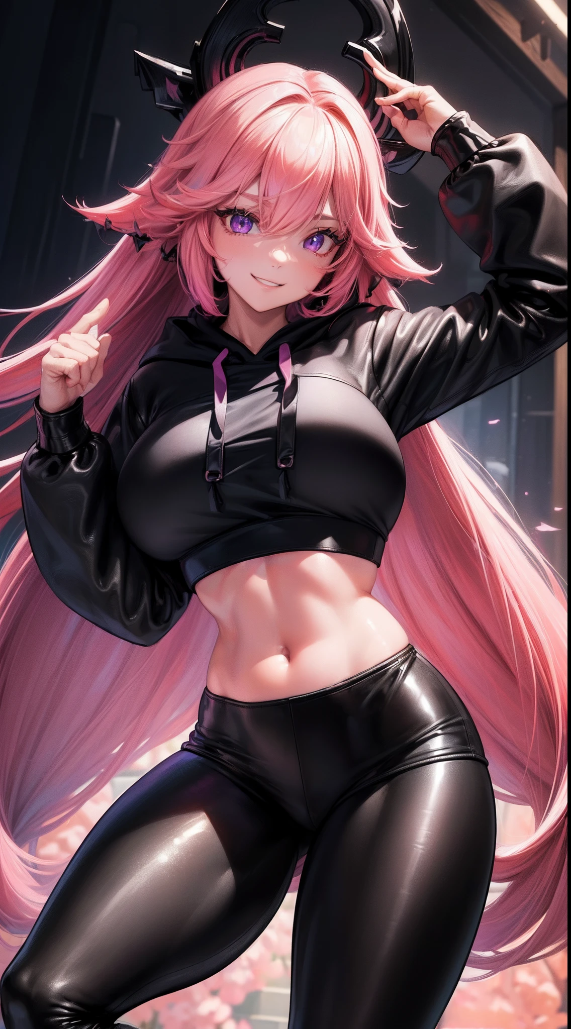 (Yedev:1.4), 8k, high resolution, Super detailed, (masterpiece:1.4), best quality, symmetrical body, (Black cropped cotton hoodie:1.4), (Black leather:1.4), Lovely, alone, long hair, pink hair, purple eyes, glow effect, narrow eyes, bright smile, Detailed face, looking at the audience, smile at the audience, garden, angle view, huge breasts,Eight-pack abs,Strong abs