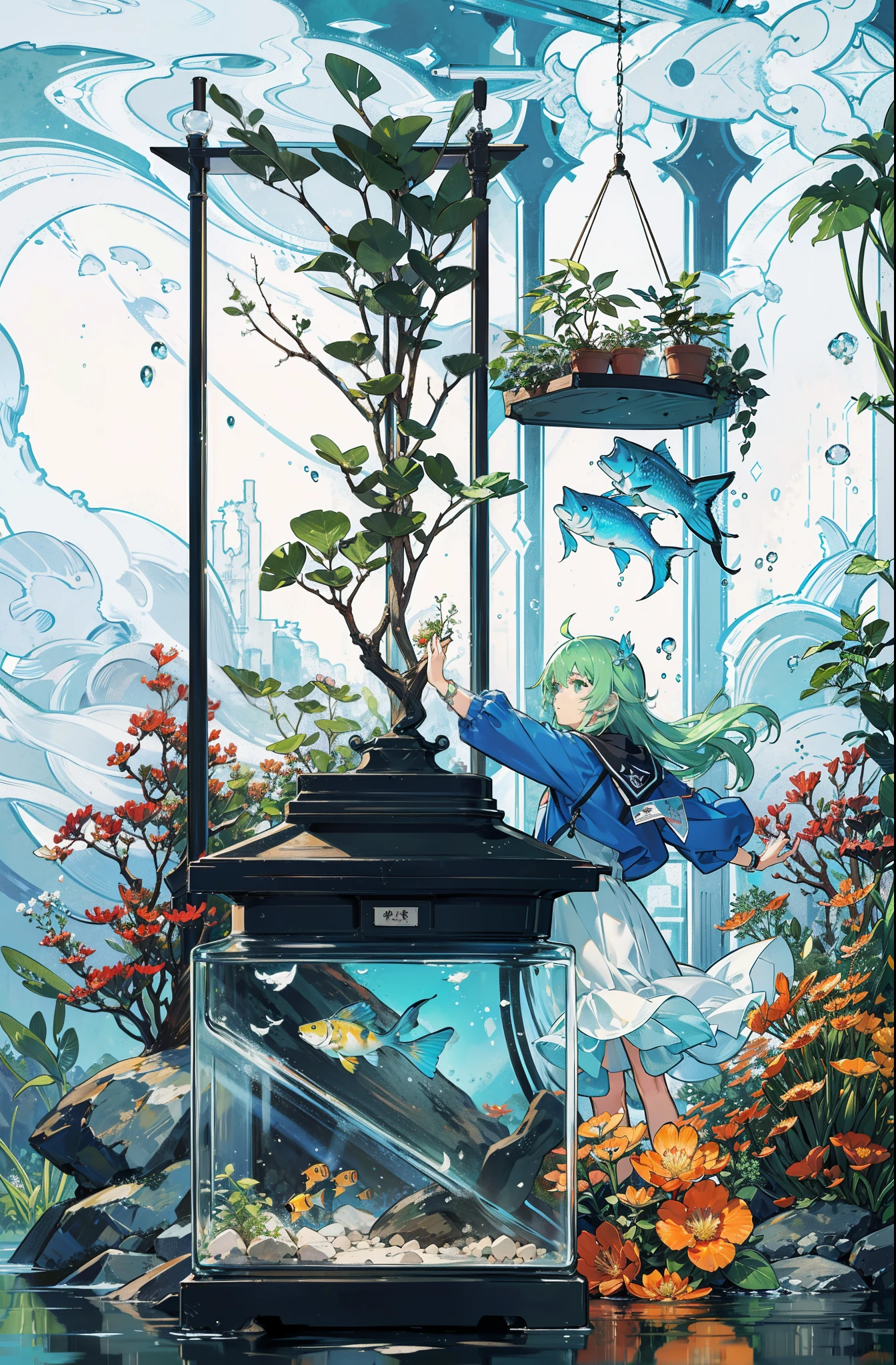 floating，bit girl, Green hair，The fish, high detal, warm, 电影光感, Feeding, Shy, adolable, mini sence, Small fish, Transparent fish tank, Cuboid fish tank,, Big fish tank, Botanical garden background, The fish tank has a length-to-height ratio of 4:3, flora, Water surface depiction, afloat, Girl floating in the middle, Blue clothes, semi transparent。