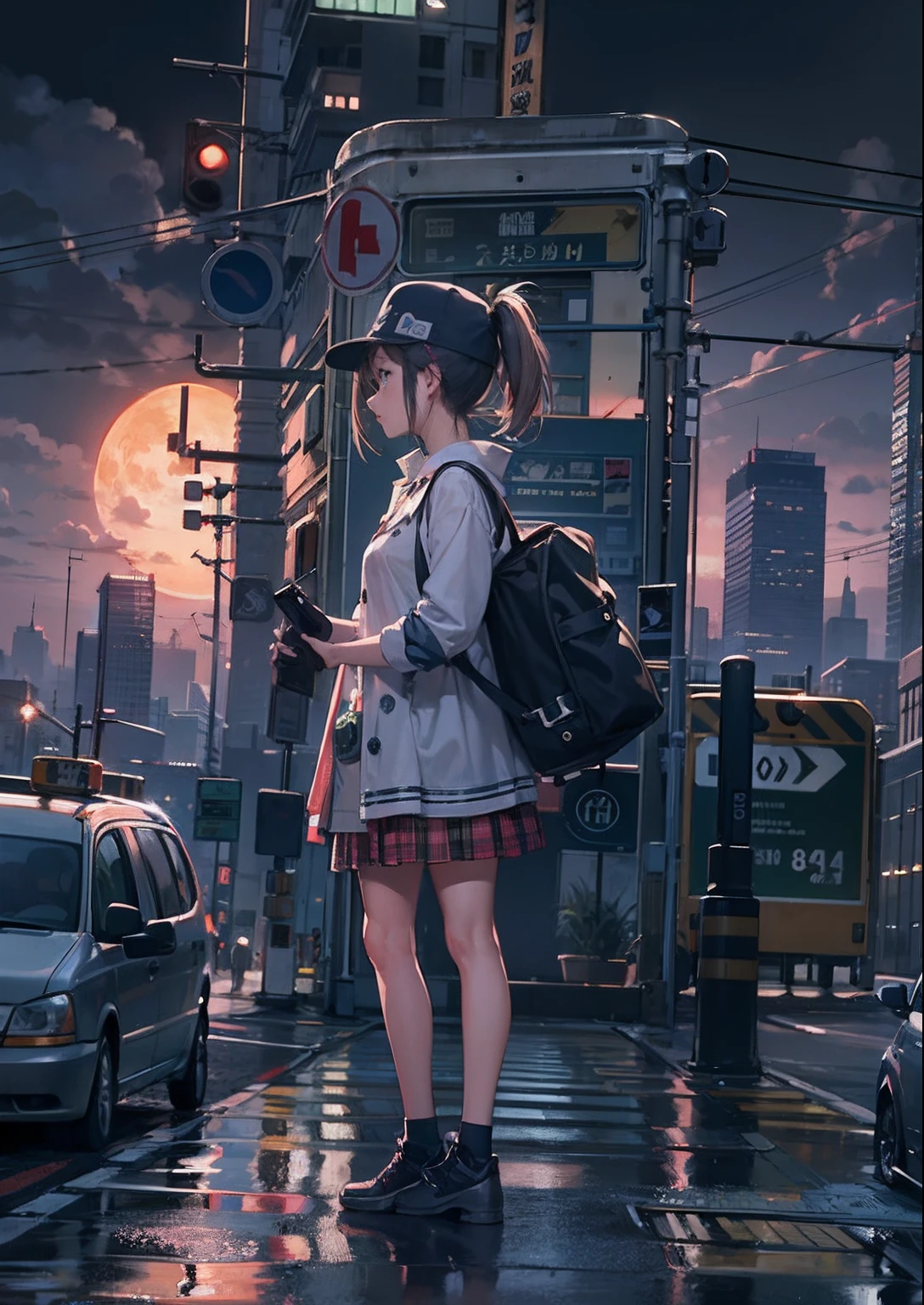1girll, arms folded、vests、full body shot of、The beginning of the adventure、Very dark sky、Lots of clouds,dense fog、large moon,future、dystopian、A group of very tall skyscrapers stands in the center、High brightness radio tower、Crowded skyscrapers、Signs、the street lights、taxis、the bus、Train、Fairly dim lighting、The Dark Road、Puddles、high high quality、masutepiece,8K,