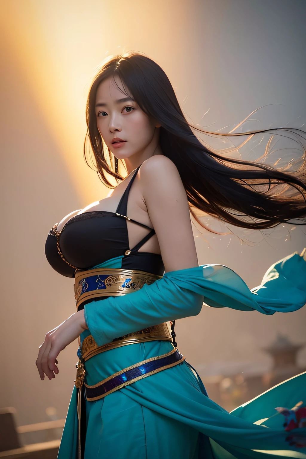 1girl, Dunhuang flying costume, messy long hair, ji jian, Dunhuang style, a lot of smoke, exquisite, elegant colors, (realistic, high detail, masterpiece, super detailed, dynamic angle, mural background, ink, amazing, movie lighting, illustration, chiaroscuro, backlight, god ray, holland, best quality, best quality, heavily sagging huge breasts,