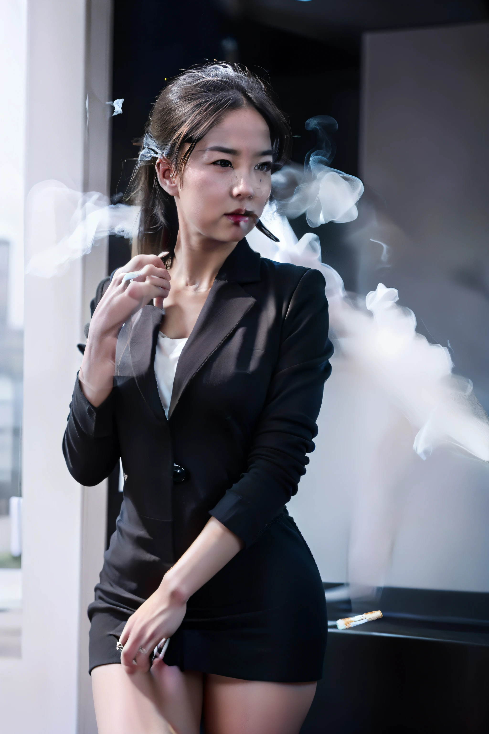 smokes，blacksuit，beside the window，apathy，photorealestic，Suits，Professional women，Business woman，Hand hold a cigarette，