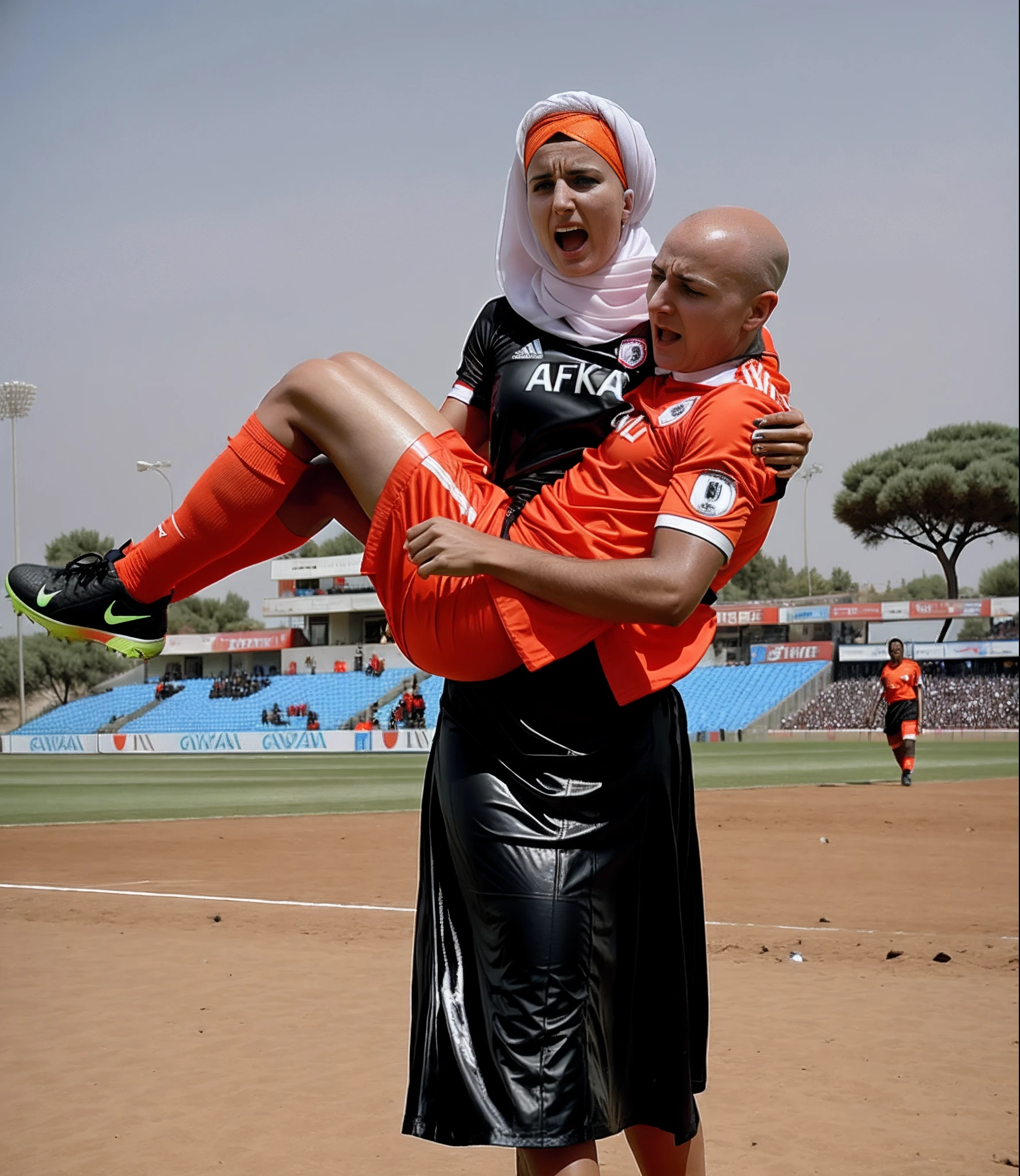 screams of pain, shouting out in pain, shouting for help, dramatic rescue pose, pity, a fair-skinned and pale-faced turkish woman with a glossy and shiny plastic-headscarf and a high-shine long leather skirt with lots of light reflexes on it, a hurt and bald headed african soccer player has to be carried off, a fair-skinned and pale-faced turkish woman in a long leather-skirt has a horrofied facial expression when she carries a bald headed african soccer player in matte orange sportswear, an injured bald headed african soccer player in matte orange sportswear is carried with an extremely agonised facial expression, faces in pain and horror, screaming with pain, shocked facial expression, pityful facial expression, pity, pain, accident, help, soccer, soccer in a turkish stadium, woman carrying man, woman carries wounded man