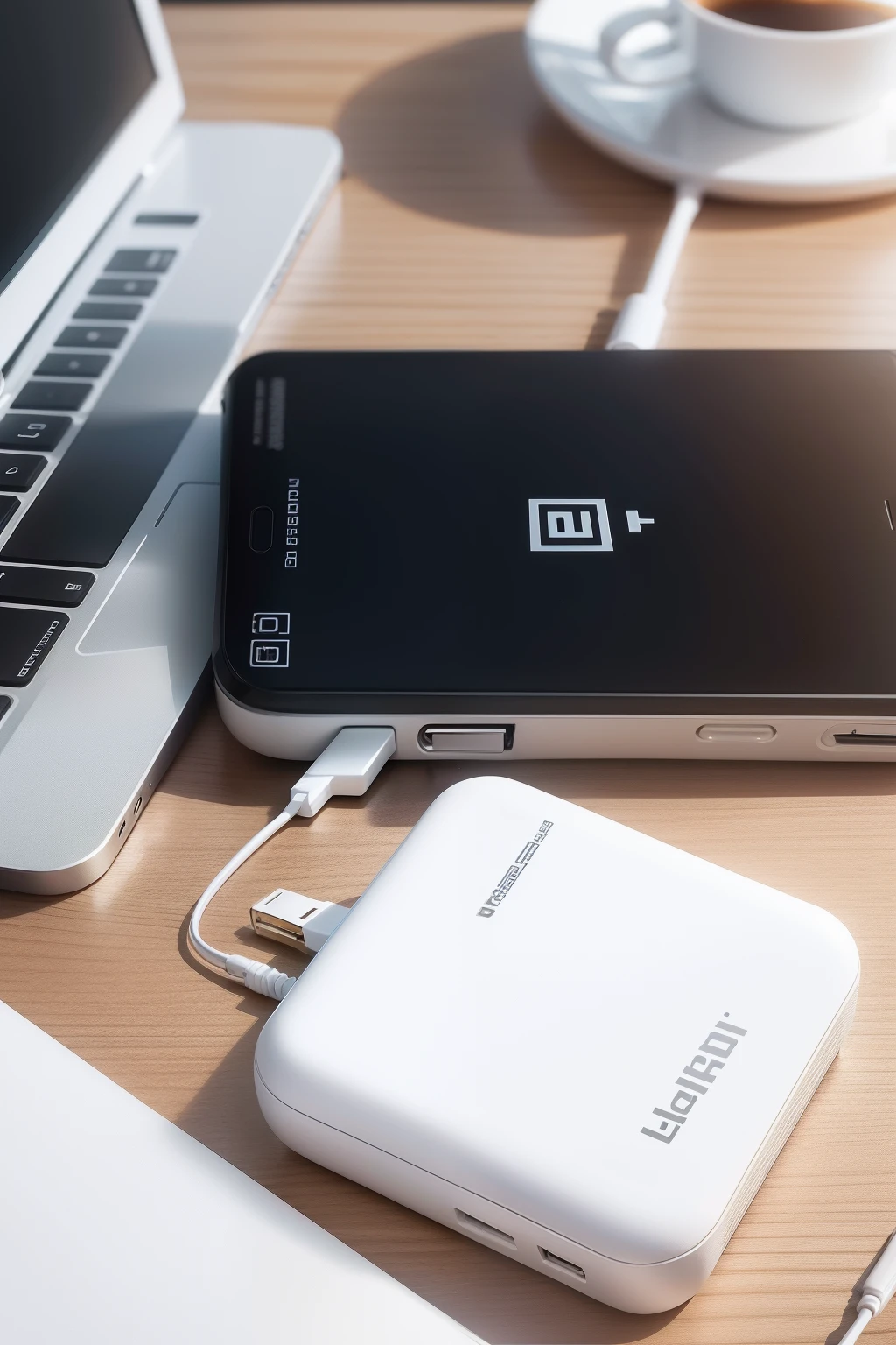 White small power bank,Square power bank,Top-down view,Place on your desk,Coffee on the table,Business style