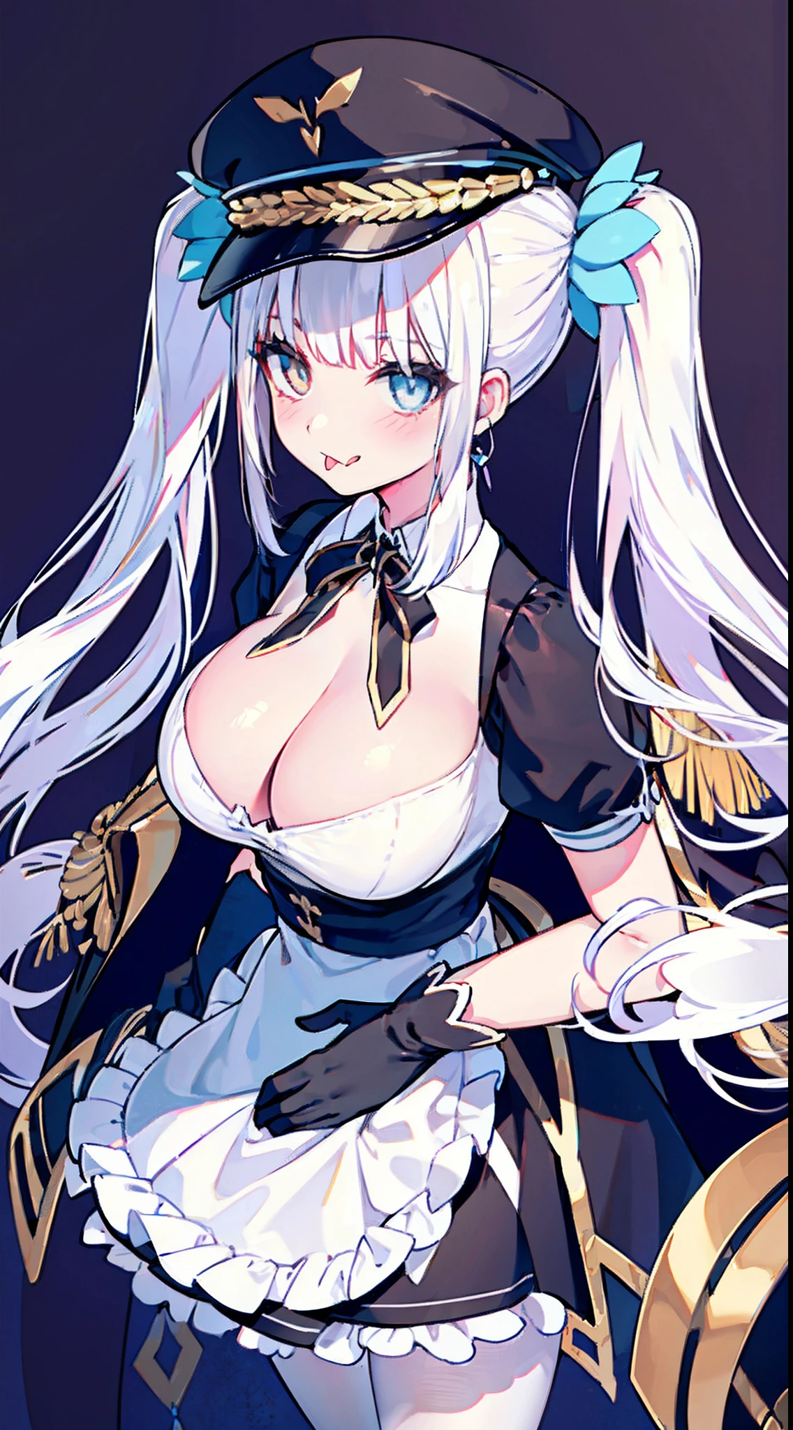 High detail, Heart-shaped pupils,black andwhite,Hats,cleavage,Love pupils,Slender maiden,highly rendered,detailed face with,white stockings,Stick out your tongue,