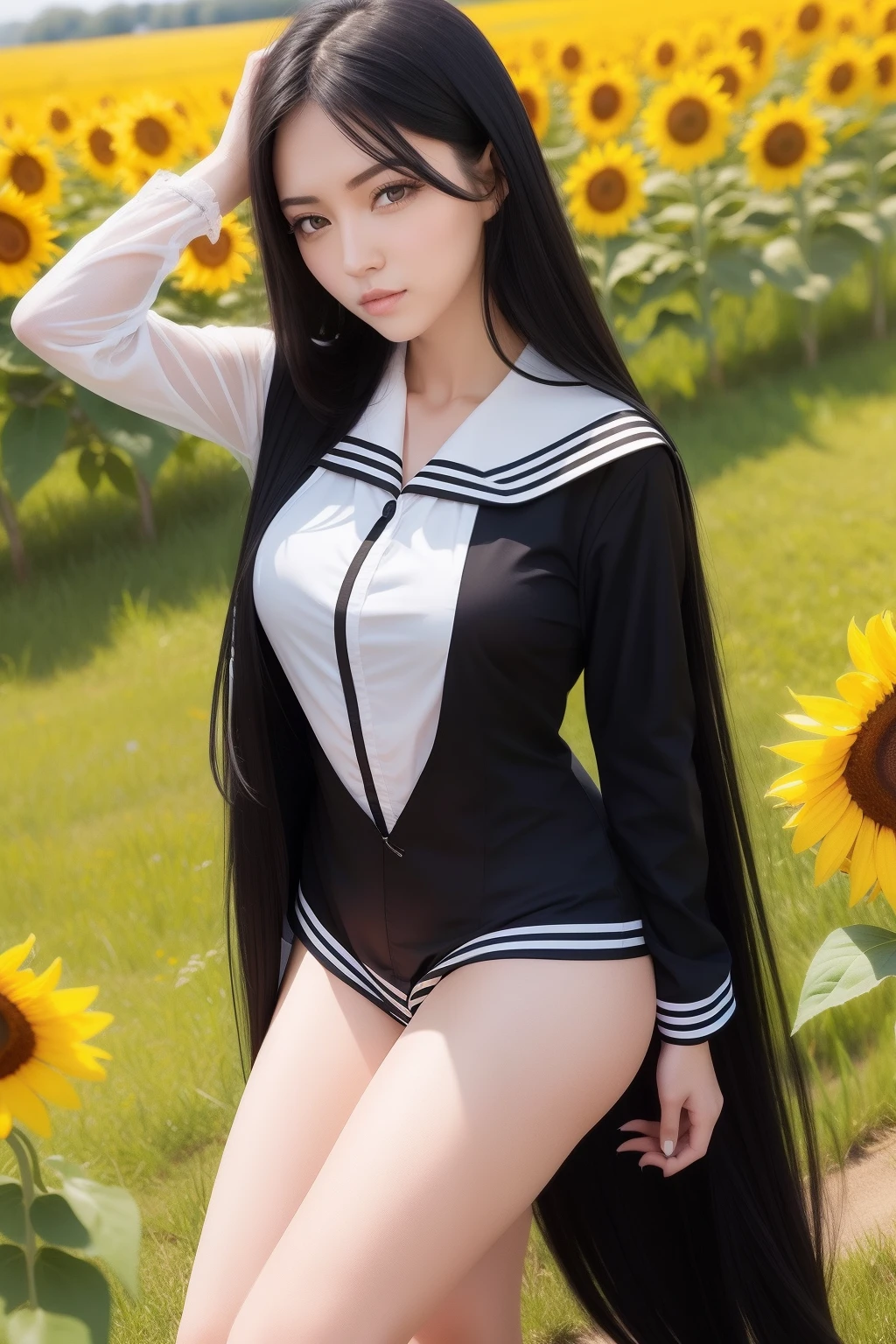 Long Black Hair a sailor suit Sun flower Yellow eyes Beautuful Women countryside