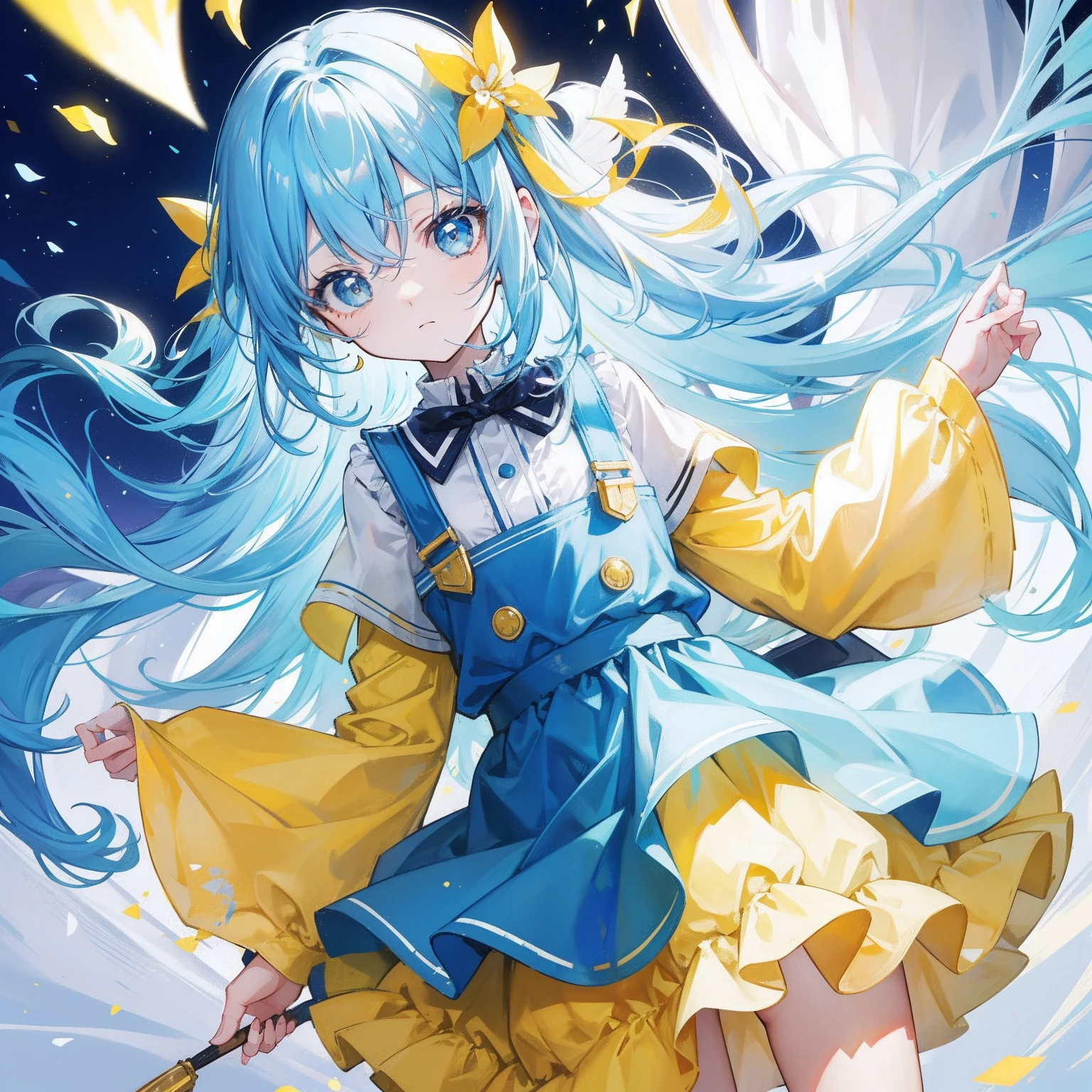 Glowing light bluish yellow,There is hair and pupils,blue clothes, yellow and white,Sweet li girl,Overall shine