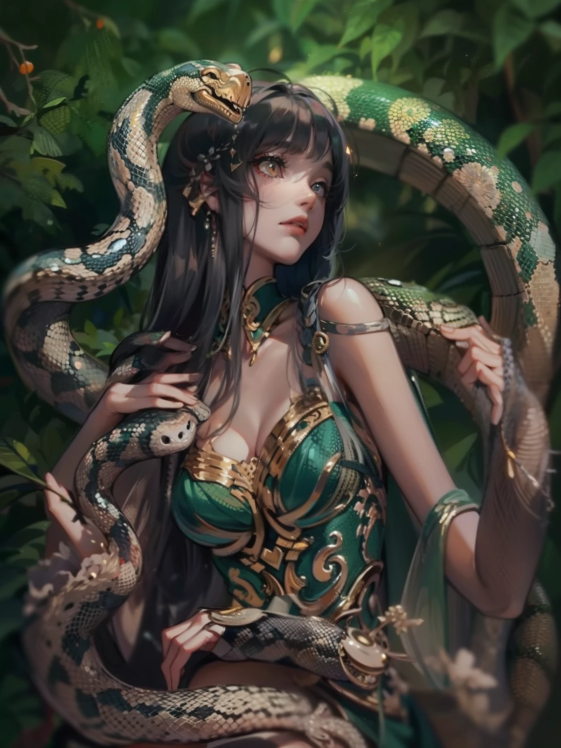 The snake woman's style is soulful and mysterious，I want to output an image that shows this characteristic。