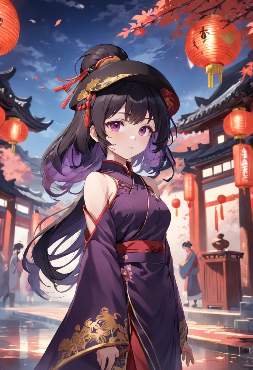 A girl in a shrine maiden outfit, black hair, calm expression, a shrine at midnight, many charms, darkness, a large torii gate, chest, red mist