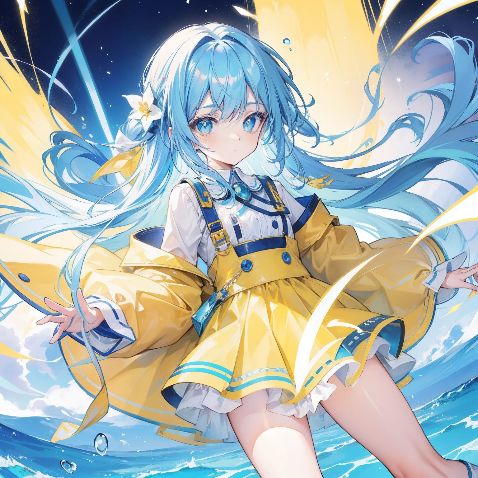 Glowing light bluish yellow with hair and pupils,Clothes in blue, yellow and white,Sweet loli girl,The whole is shining