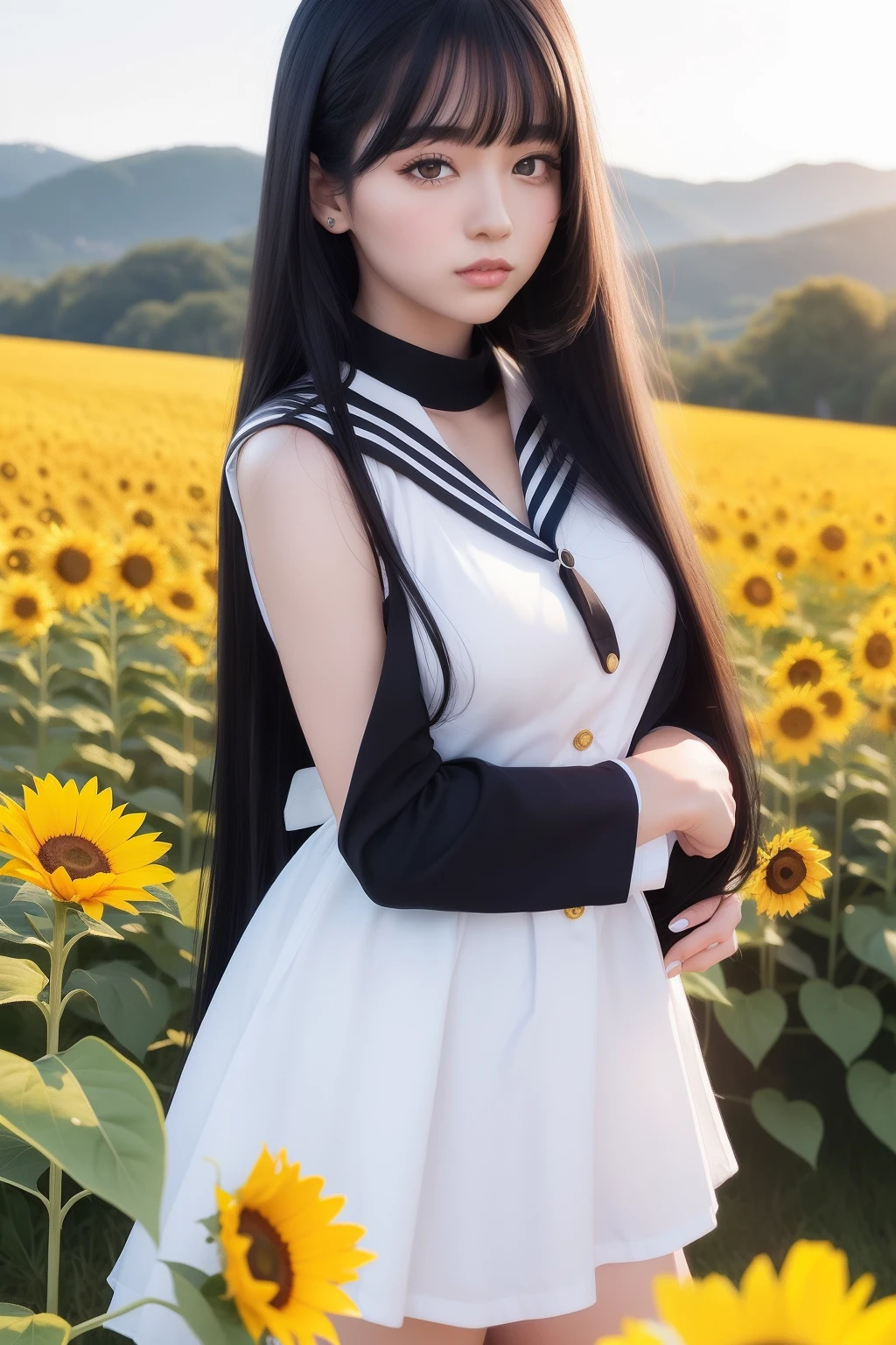 Long Black Hair a sailor suit Sun flower Yellow eyes Beautuful Women countryside