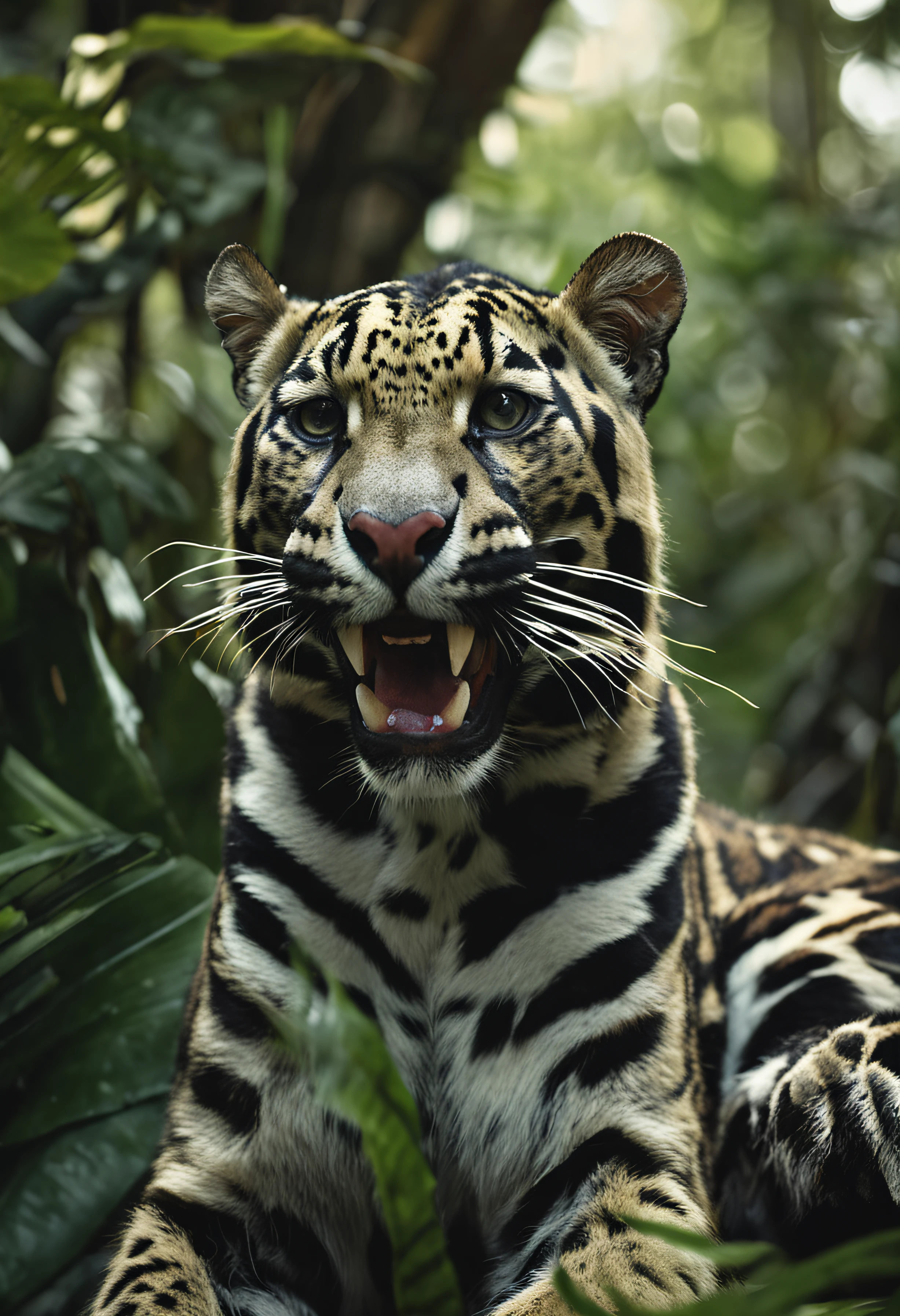 High nation-geographic symmetrical close-up portrait shoot in green jungle of an expressive Clouded Leopard, anamorphic lens, ultra-realistic, hyper-detailed, green-core, jungle-core –ar 16:9 –q 2 –v 5