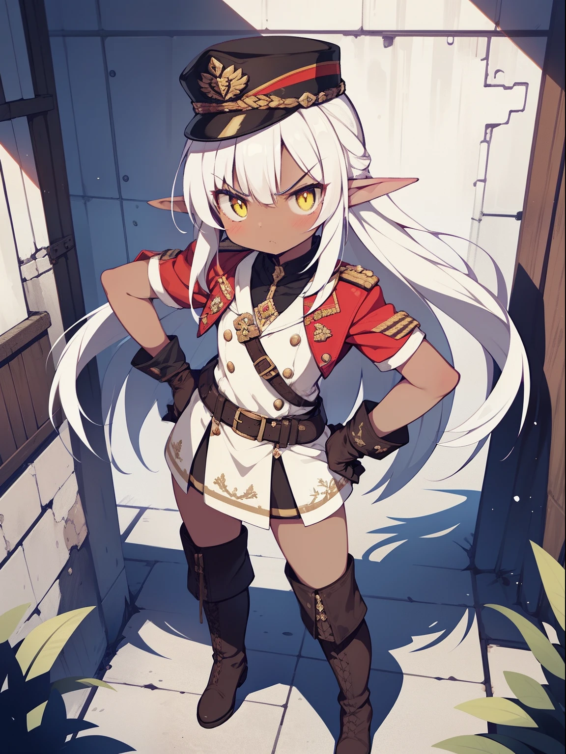 (1girl in:1.2), (Solo:1.2), masutepiece, nffsw、Shaders、Brilliant Textured Work、Ultra-detailed eyes、ultra-intricate pupil in eyes、top-quality、White hair、length hair、military costume、a miniskirt、Elven ears、military hat、(Dark skin:1.3)、flat chest、Angry face、Wasteland、Leather Belt、long boots、White Long Gloves、Slender eyes、yellow eyes、Standing picture、frim above、put hands on the hip、Point here、