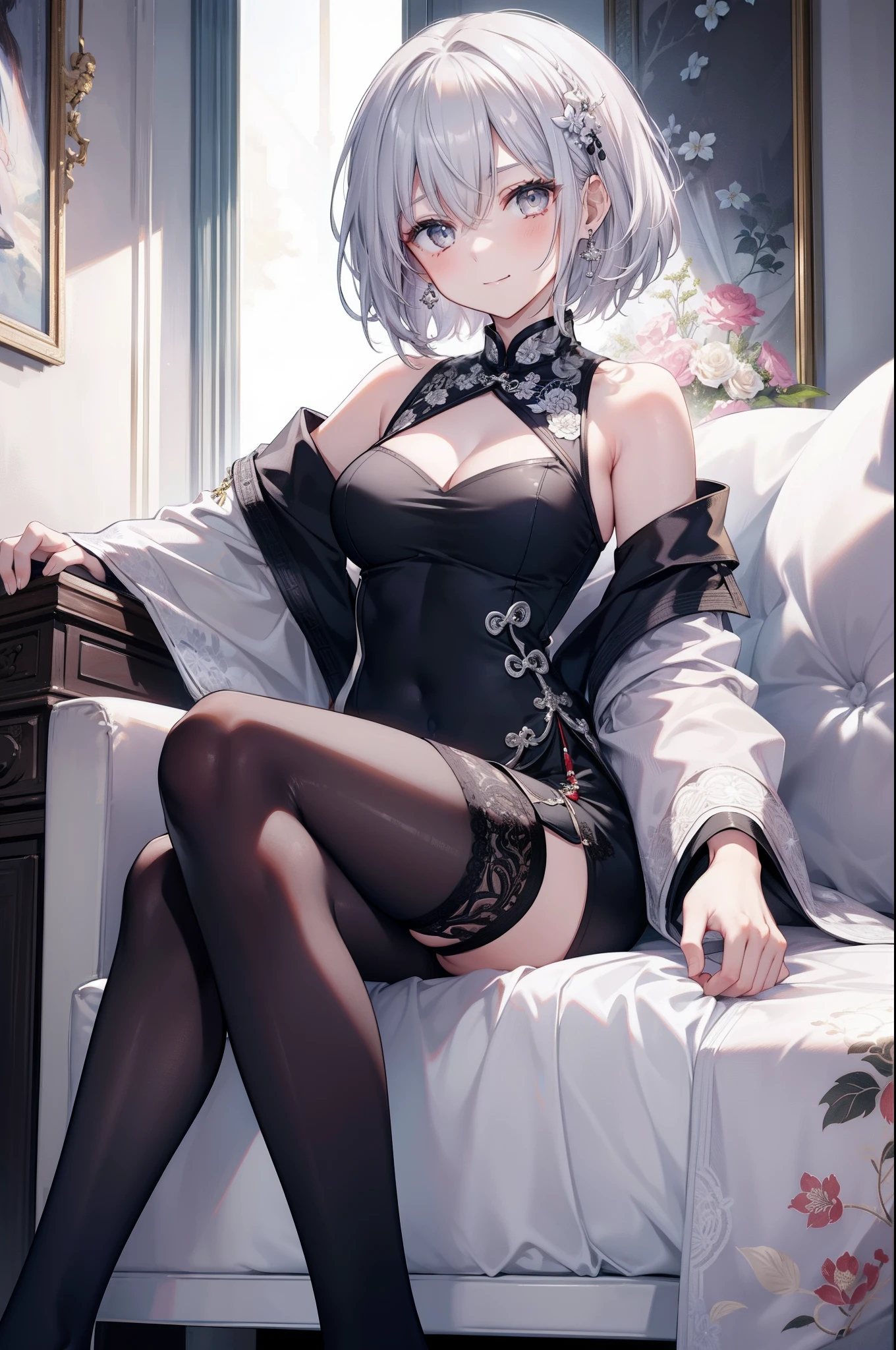 there is a woman in a black and white outfit sitting on a bed, 2 b, 2b, 2b from nier automata, 2 b from nier automata, nier inspired, white and black, cosplay, 2b nier automata, nier : automata inspired, nier:automata inspired, nier 2 b, v from devil may cry as an elf,((masterpiece)),((best quality)),((ultra-detailed)),(8k),((wallpaper)),((extremely detailed cg)),(RAW photo:1.2),beautiful,,mid breasts,sexy smile,lovely eyes,,shiny skin, shiny body,perfect hands, detailed hands, Nice hands Perfect eyes, detailed eyes,Nice eyes,lewd smile,