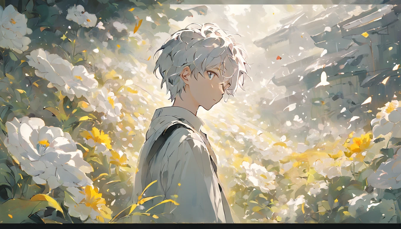 Blooming flowers flutter in the wind，The boy in the flower，Light white and silver design，Pay attention to the texture of the skin and flowers，Sony FE 12-24mm F/2.8 gm，Impressionist garden，Proficient in calligraphy，eco-friendly craftsmanship，Brush stroke exploration