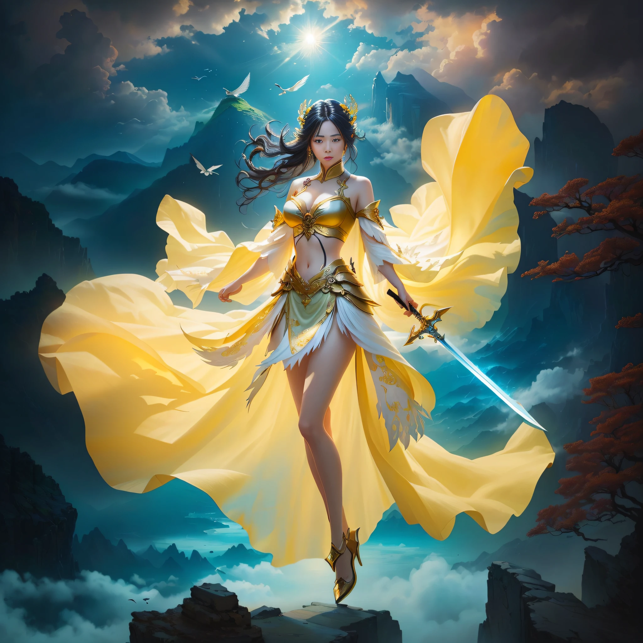 A greedy woman in a yellow dress holds a sword,Fly in the air,detail face, beautiful face, dramatic lighting fantasy, beautiful fantasy maiden, Fantasy Woman, fantasy character photo, Chinese fantasy, Ethereal fantasy, fantasy beautiful, beautiful fantasy art, cloud goddess, she is holding a sword, Oriental fantasy, she is approaching heaven, Fantasy photography, Anime goddess, warrior princess, By Leng Mei