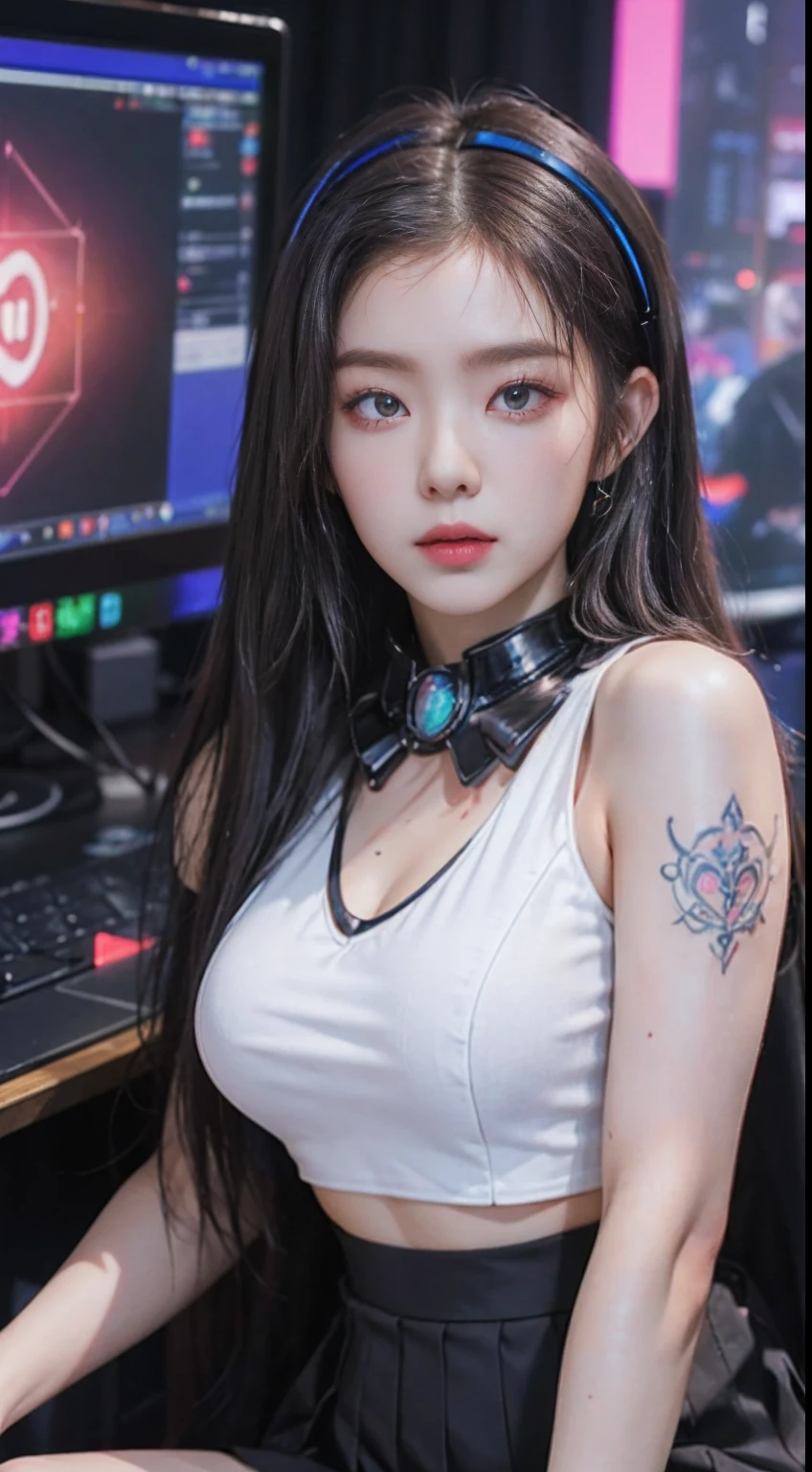 ((((7分身镜头)))),cowboy_shot,masterpiece, best quality,ultra-detailed, extremely detailed 16k CG wallpaper,beautiful face,(a esport mature demon in esport room),(perfect beautiful curvy figure),sitting,iridescent gem eyes,crescentic pupils, wearing resin holographic open coat,crop top overhang,mini Pleated skirt,Bell collar,logo,Iong hair,Contour light, concert, neon lights, audio, Bell collar,esports headphones,computer, esports room, playing games, white inside through the red skin,Holographic projection,planisphere,graffiti signs,highly detailed tattoo_,gothic,cyberpunk,fantasy,Science fiction,From the movie Matrix,Sparkling light flowing string,anti-magic three-dimensional protective shield,iridescetnt,stunning,chic,gorgeous,attractive,amazing,((((7分身镜头)))),cowboy_shot
创作信息