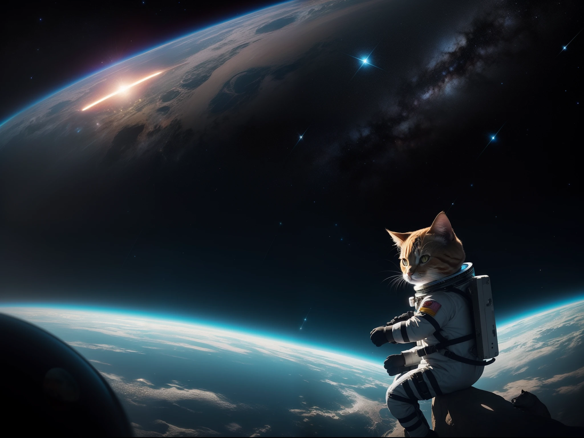 A cat in a spacesuit with a space helmet walks on a planet of wool. Round earth planet floating in the starry sky, The garden of my stars, An extremely delicate and beautiful creation, espace interstellaire, nebula, glinting stars, horizon sans fin, voyage intergalactique captivant. Captured in the style of photography by Thomas Barbèy, panorama
