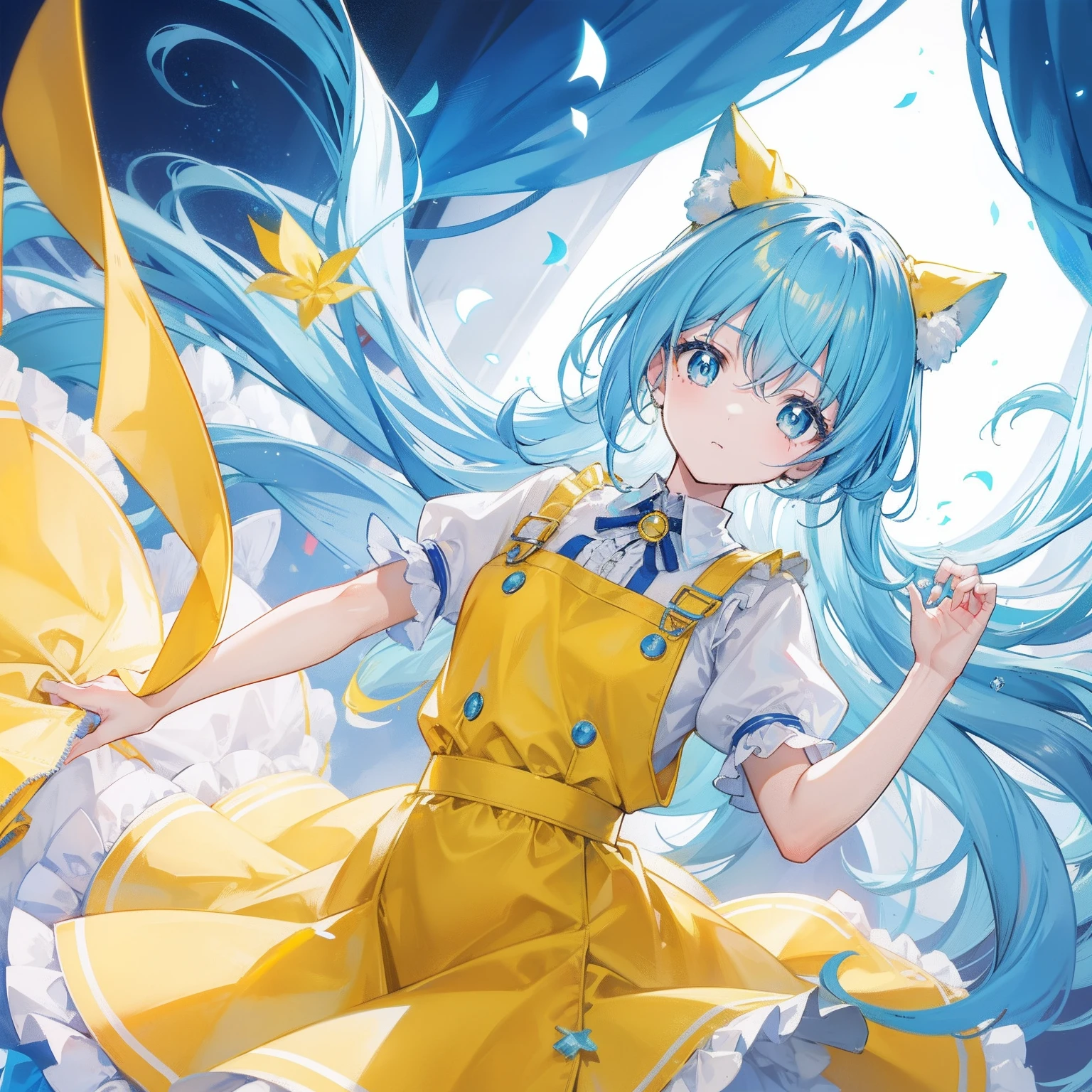 Glowing light bluish yellow，There is hair and pupils，blue clothes, yellow and white，Sweet loli girl，Overall shine