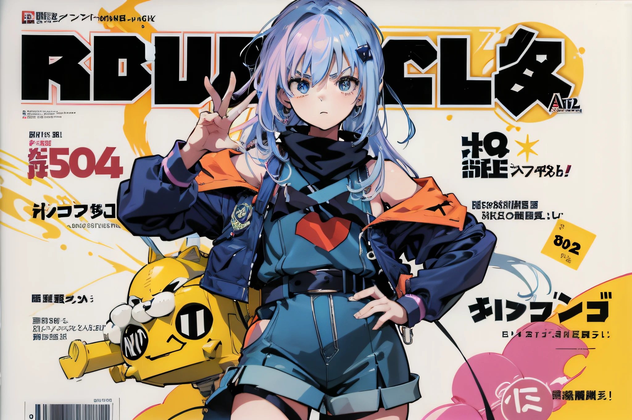 Arafeld magazine cover with a woman dressed in blue, Comic cover style, Official artwork, offcial art, full color manga visual style, 2 d anime style, Colorful! Character design, An anime cover, 2 0 2 2 anime style, 2022 anime style, comic cover, Kantai collection style, 8 0 s anime style