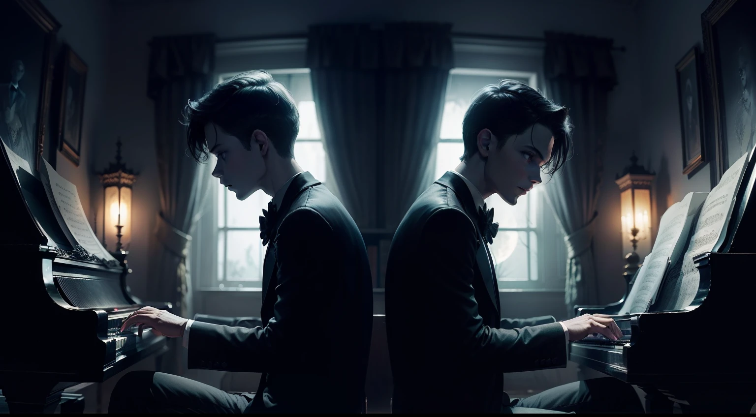 Two identical boys inside a dark and creepy mansion at night playing the piano alongside a sinister orchestra, Music notes, music, Horror music, cores escuras e sombrias, Magic Flashes, moon illumination, magic lights, cinemactic