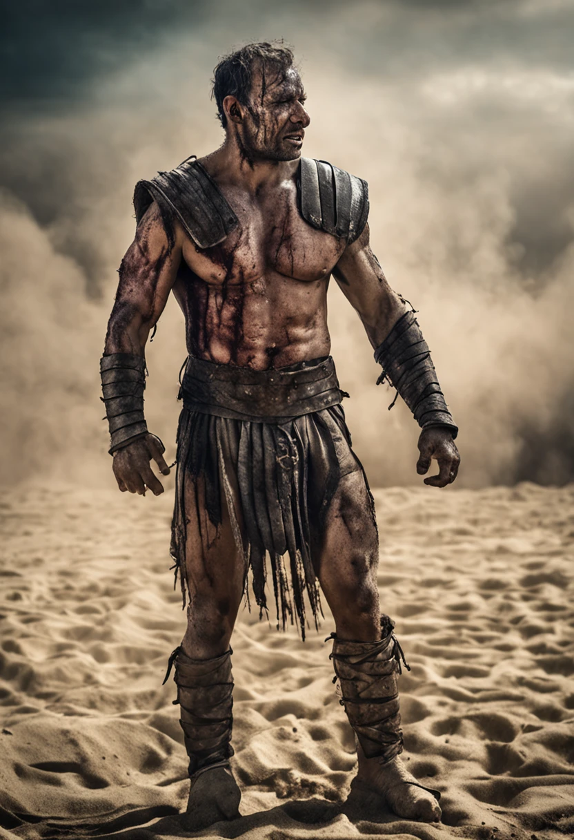 The gladiator stands after the battle, fear and horror on his face, tired and beaten, sand on his face mixed with sweat, an atmosphere of darkness and horror, hyper realistic photo, In post-production, enhance the details, sharpness, and contrast to achieve the hyper-realistic effect, v 5. 2