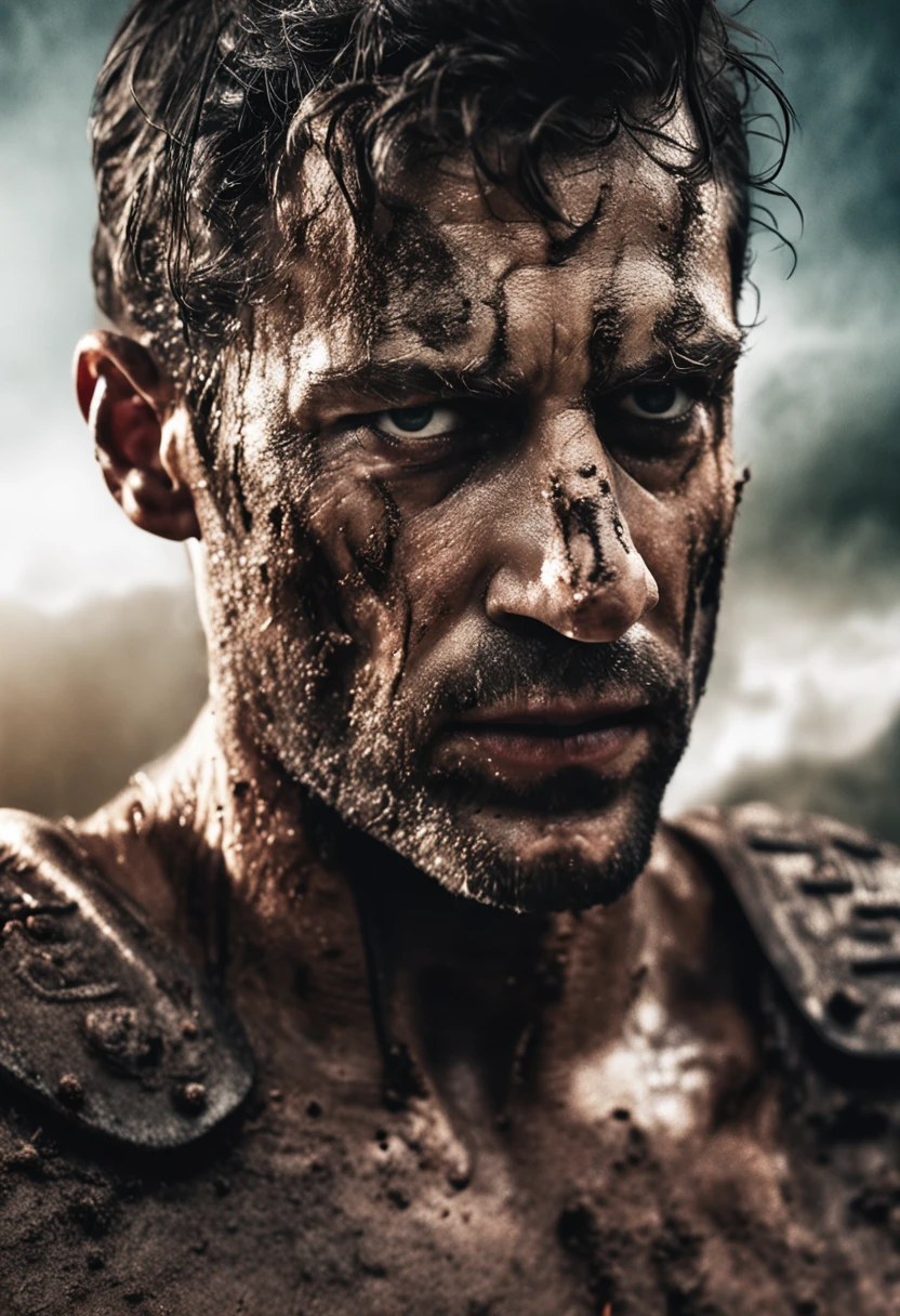 The gladiator stands after the battle, fear and horror on his face, tired and beaten, sand on his face mixed with sweat, an atmosphere of darkness and horror, hyper realistic photo, In post-production, enhance the details, sharpness, and contrast to achieve the hyper-realistic effect, v 5. 2