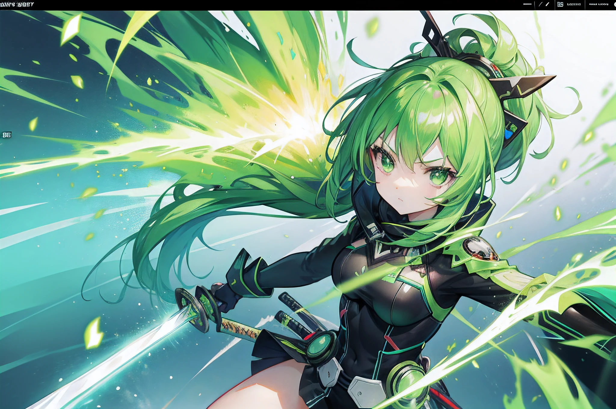 green energy blast, anime fight screen, vibrant green particles, katana