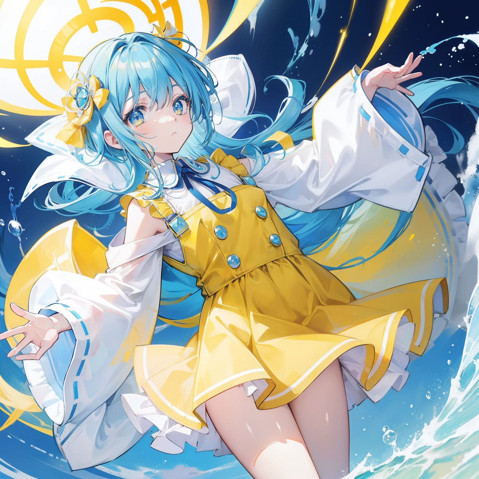 Glowing light bluish yellow，There is hair and pupils，blue clothes, yellow and white，Sweet li girl，Overall shine