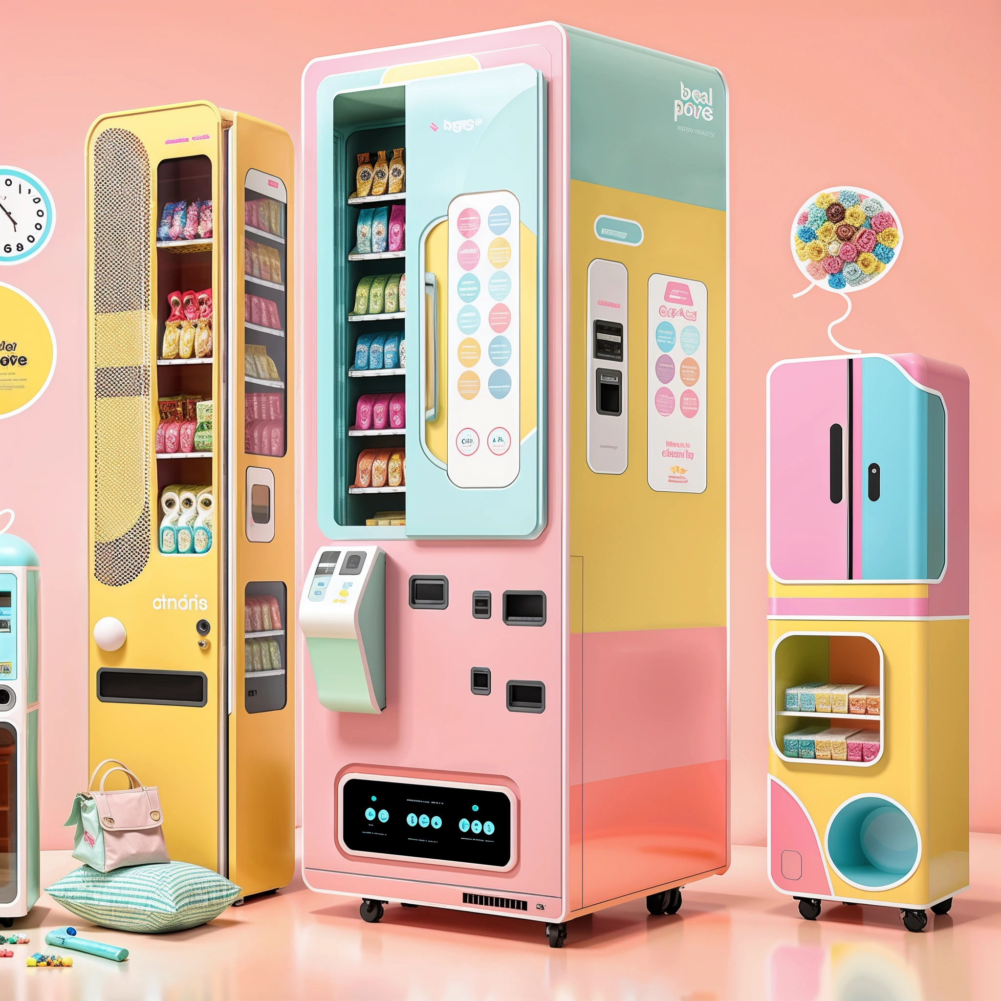 Vending machines for mother and baby products， The big black screen in the middle is the monitor，high end，Vending machine in pastel style，The color match is clean