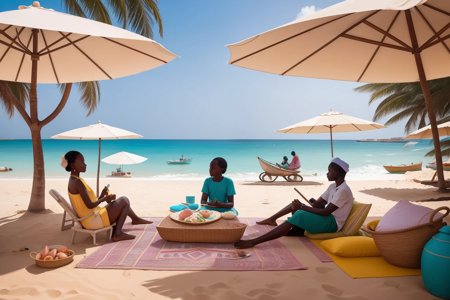 Year: 2021
Country: Senegal
Description: A serene scene unfolds on the tranquil shores of Dakar. A family gathers under pastel-colored umbrellas on a private stretch of beach, indulging in a seafood feast accompanied by lively conversations and the sound of gentle waves.