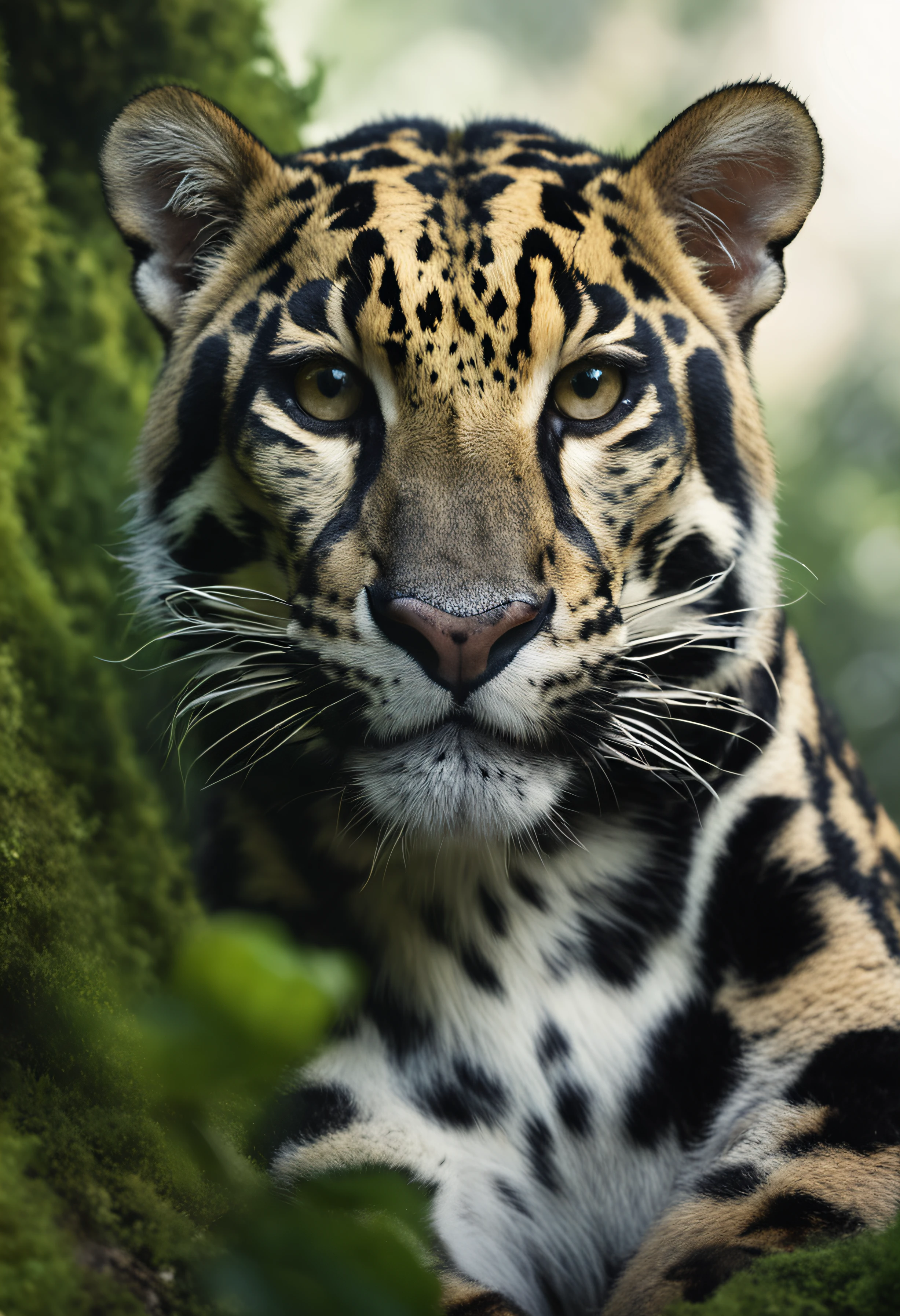 High nation-geographic symmetrical close-up portrait shoot in green jungle of an expressive Clouded Leopard, anamorphic lens, ultra-realistic, hyper-detailed, green-core, jungle-core –ar 16:9 –q 2 –v 5