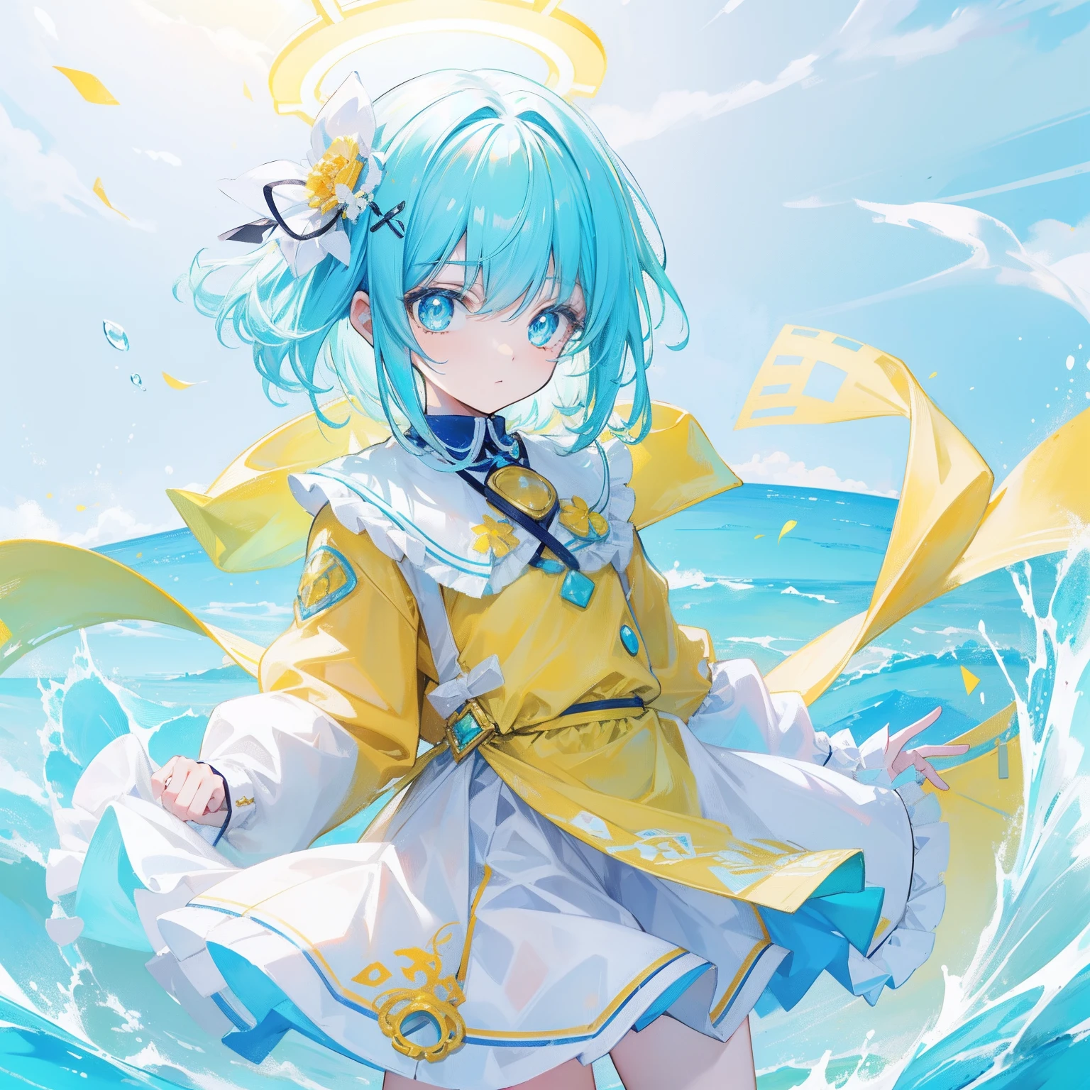 Glowing light cyan yellow with hair and pupils，Clothes in blue, yellow and white，Sweet loli girl，The whole is shining