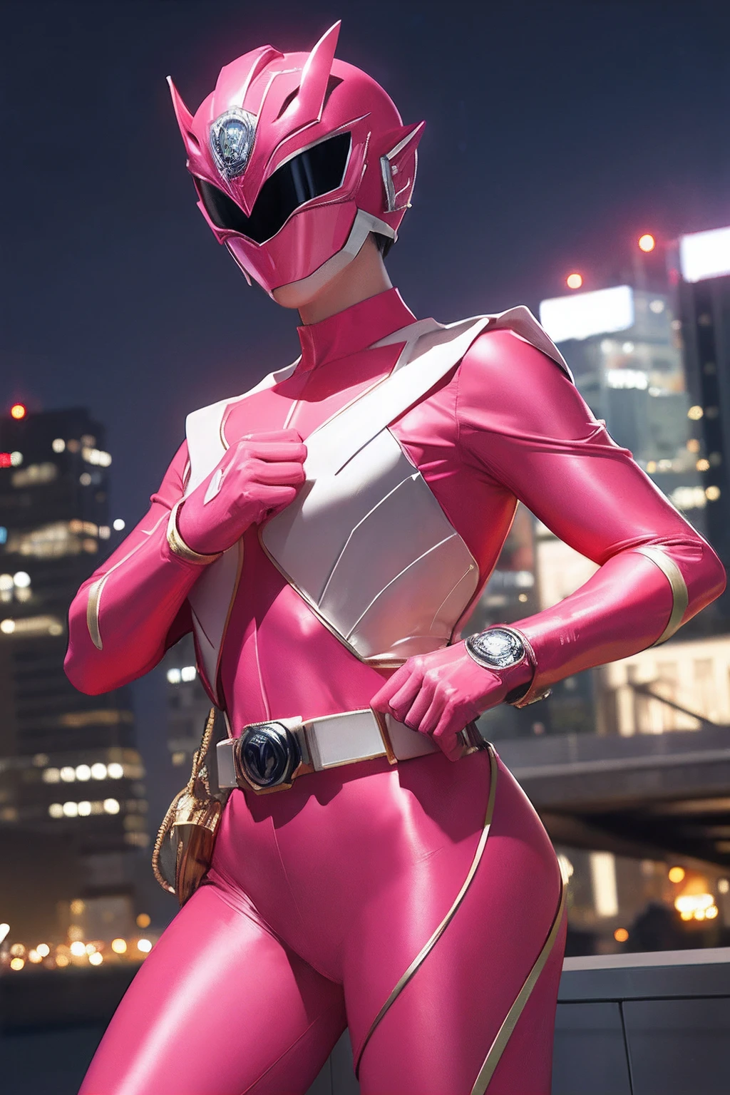 masutepiece, Super Detail, Best Quality, hight resolution, ((Anatomically correct)), power ranger, one girls, (Very shiny pink helmet and suit), fighting poses, ((Big city at night in the background))