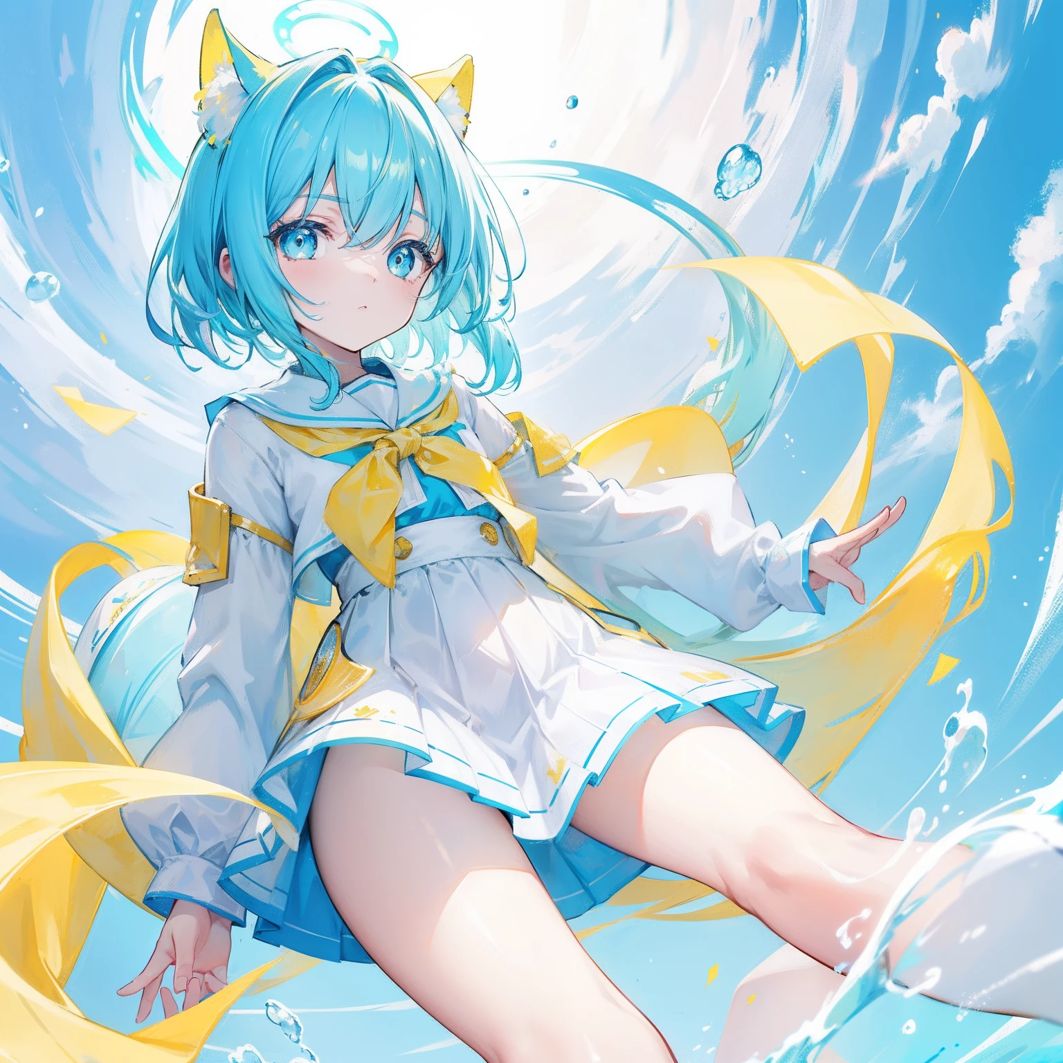 Glowing light cyan yellow with hair and pupils,Clothes in blue, yellow and white,Sweet girl,The whole is shining