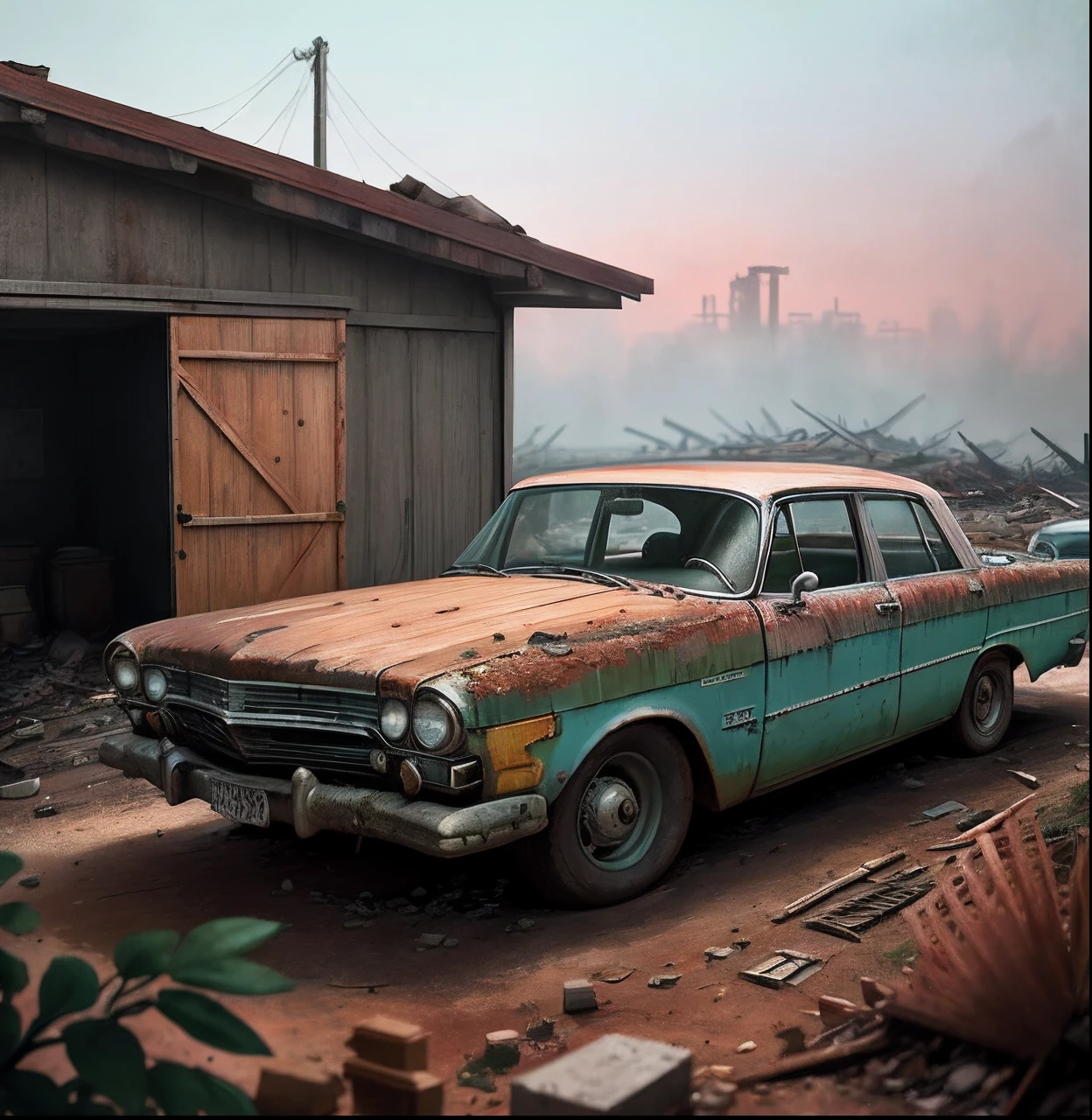 Rusty old cars on the block,In the background is a wooden shed with a sheet metal roof. author:pascal blanche, Neil Blevins, tomas kinkade, The apocalyptic palette, trending on artstationh, Photorealistic, neon atmosphere, Ultra detailed, High definition, Depth of field, Bokeh, rubble, Wild vegetation, building crumbling