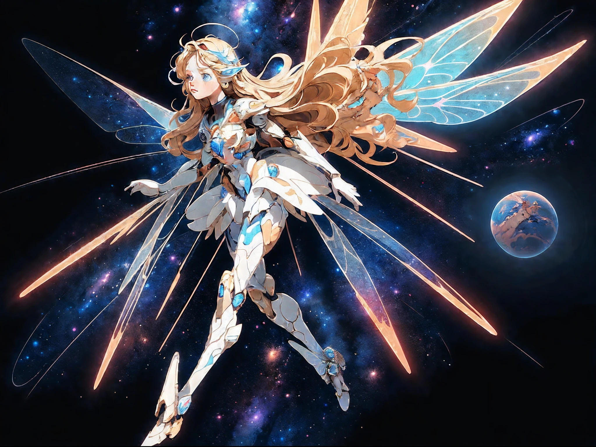 there is an illustration of a fairy with mecha parts fairy_wings floating on Mars looking into space seeing the vast of stars and space, full body shot, blond hair, long hair, blue eyes, ultra detailed face, space and stars as background, sense of infinity,